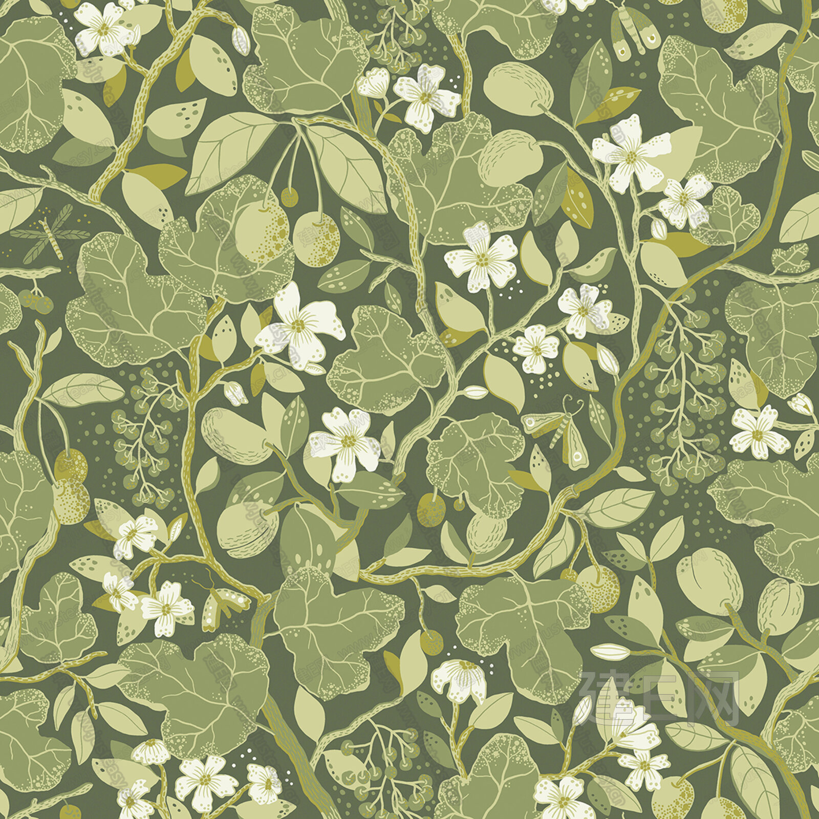 无缝比亚特现代北欧轻奢绿色花纹墙纸墙布3d贴图