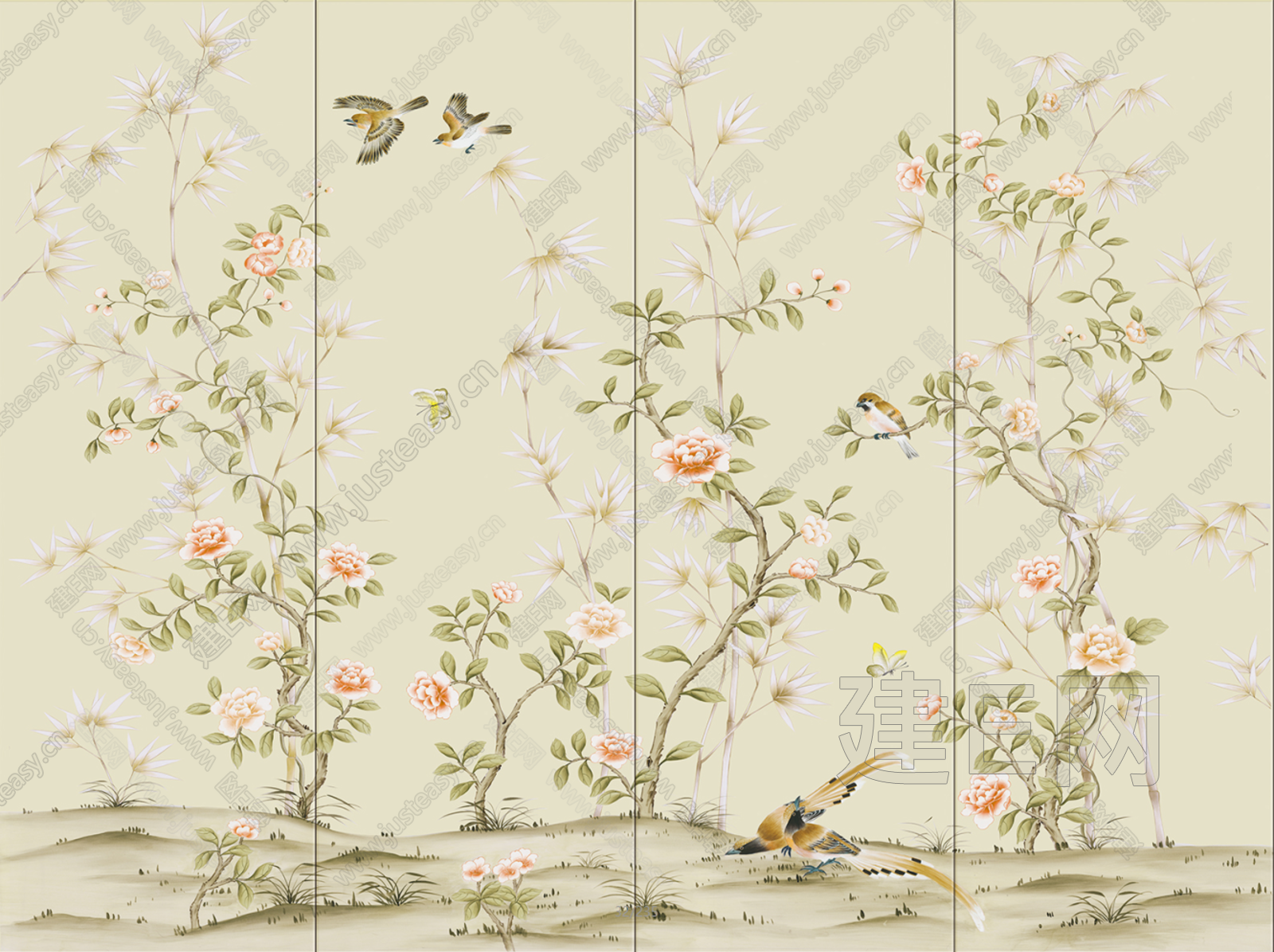 新中式花鸟枯石背景墙壁纸3d贴图_新中式花鸟枯石背景墙壁纸3d贴图