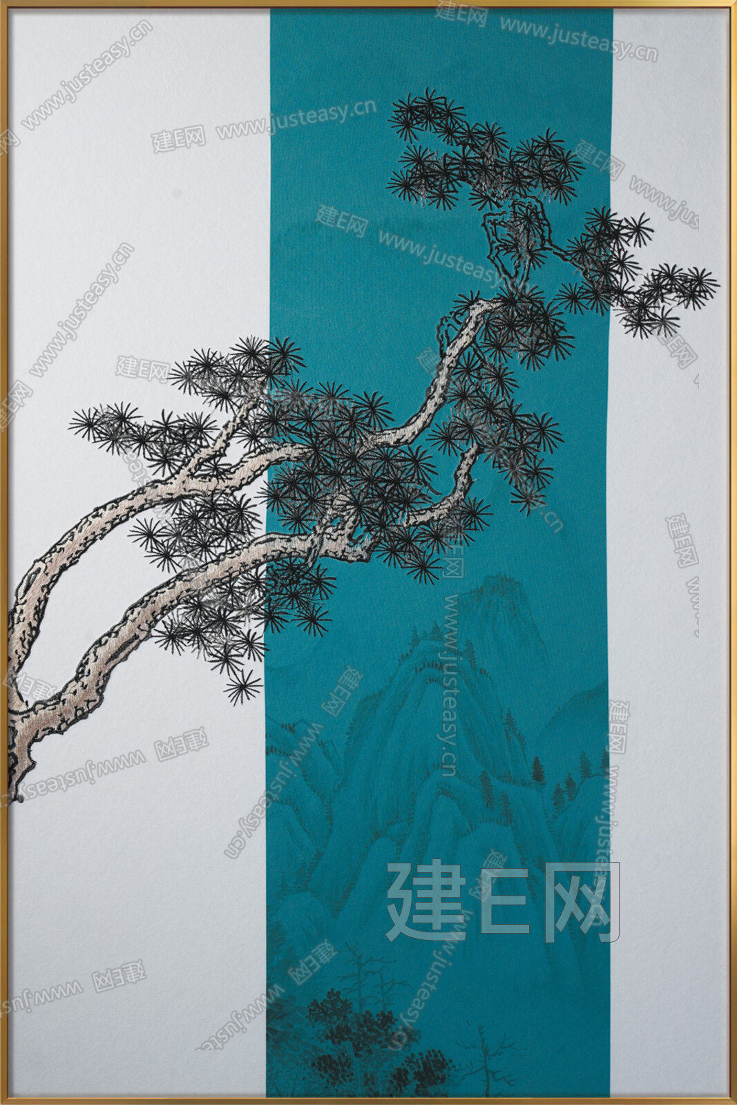 甲壳虫 中式刺绣装饰画松树树枝山《苍松迎福3d贴图_甲壳虫 中式刺绣