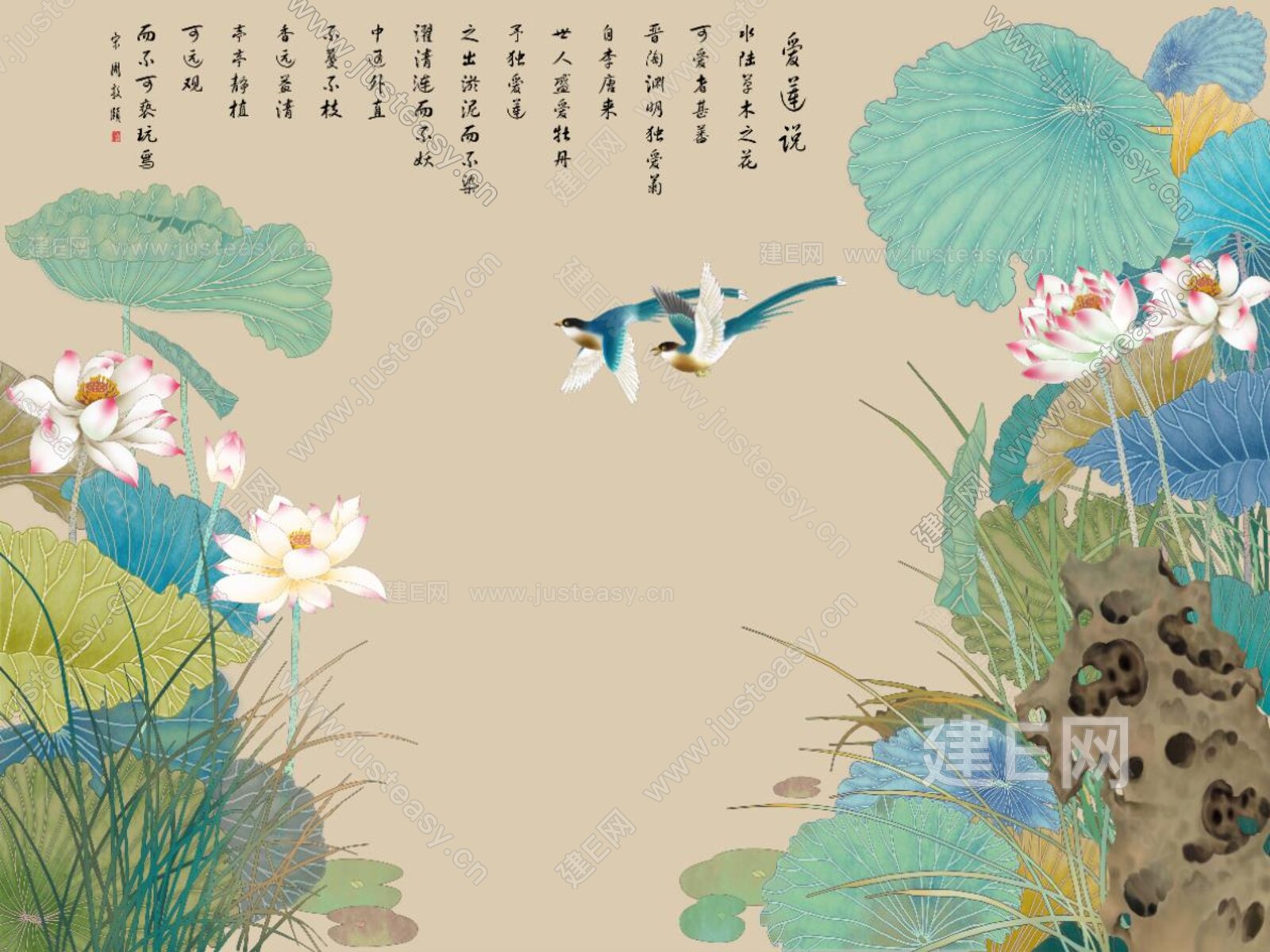 华琴新中式荷花壁纸3d贴图下载[ID:114773446]_建e贴图