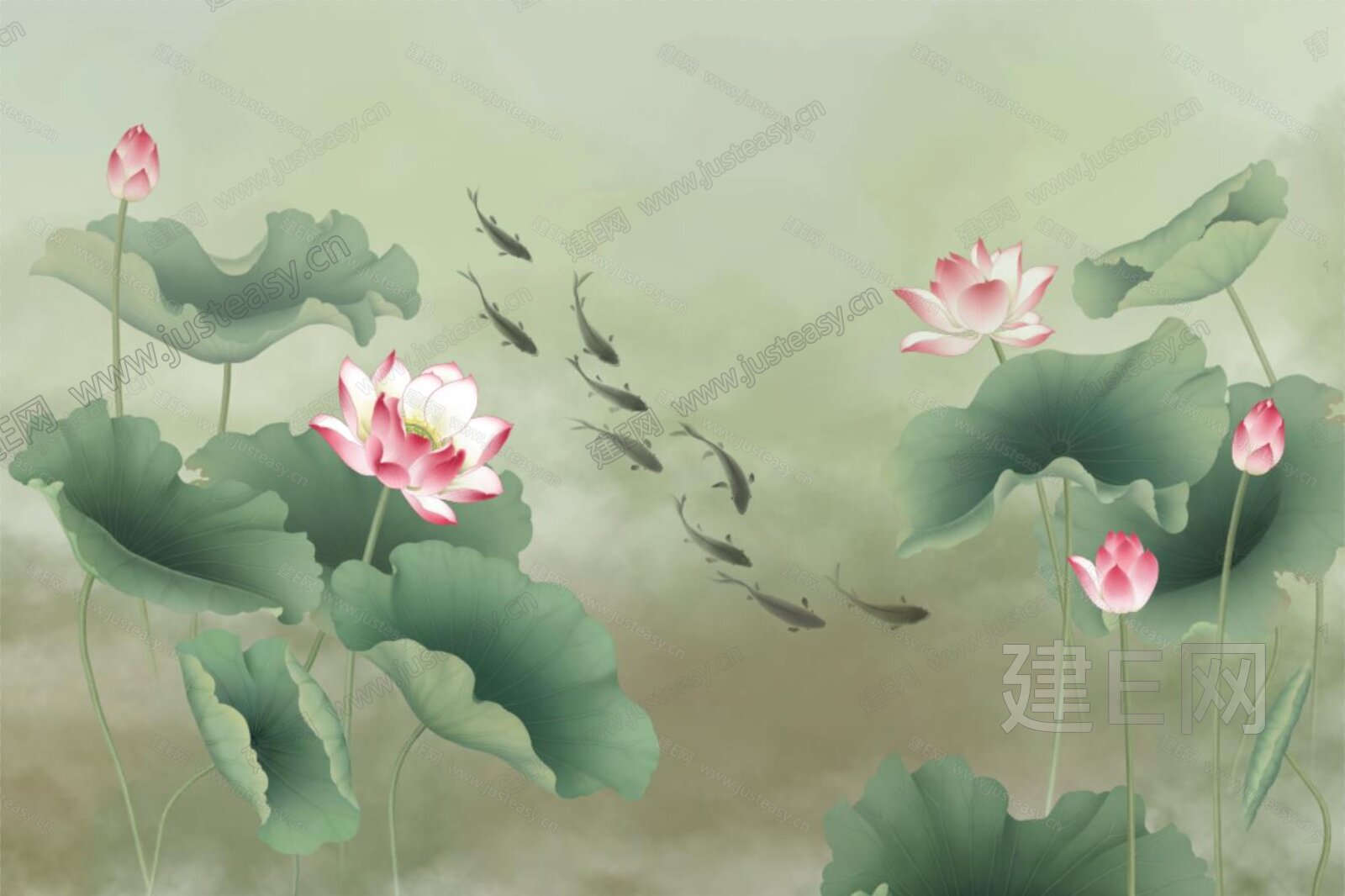 华琴新中式荷花壁纸3d贴图下载[ID:114773270]_建e贴图