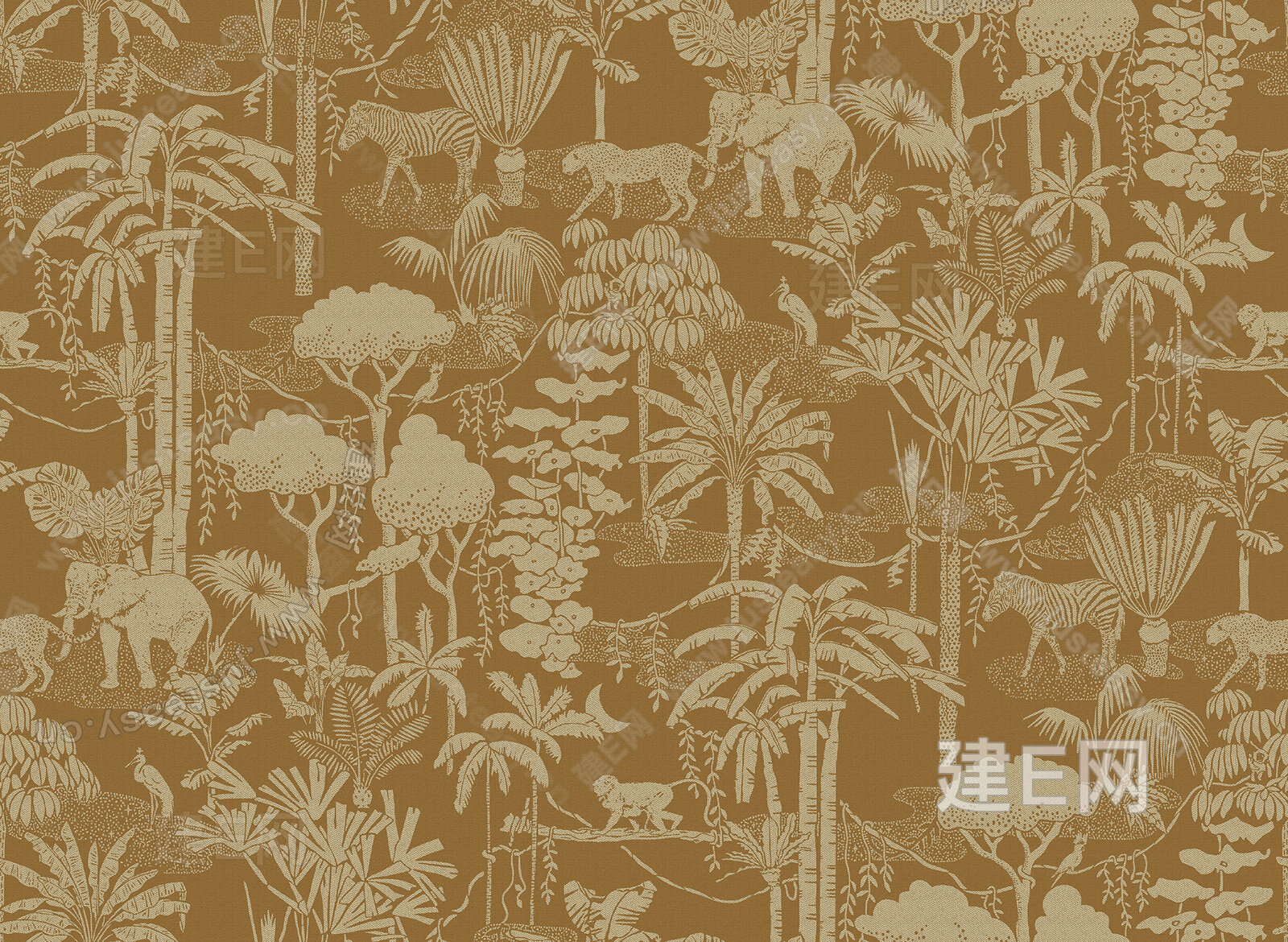 墙酷 无缝棕黄色动植物大象豹子斑马丛林无缝壁布墙布贴图