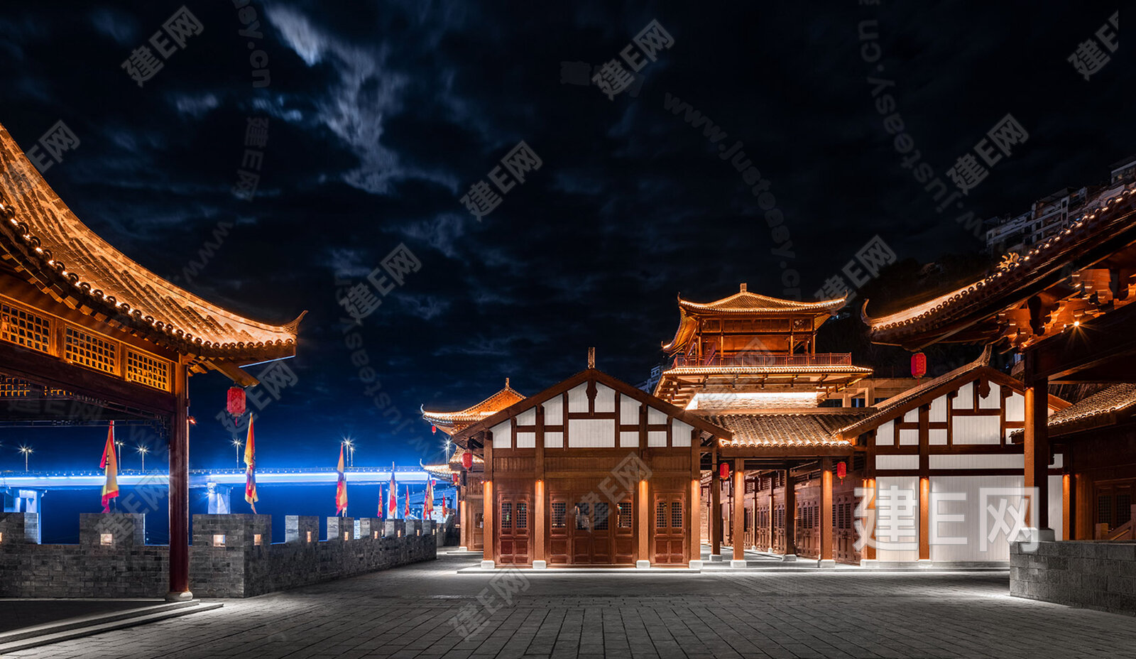 中式古建筑街道夜景外景3d贴图下载[ID:103240663]_建e贴图