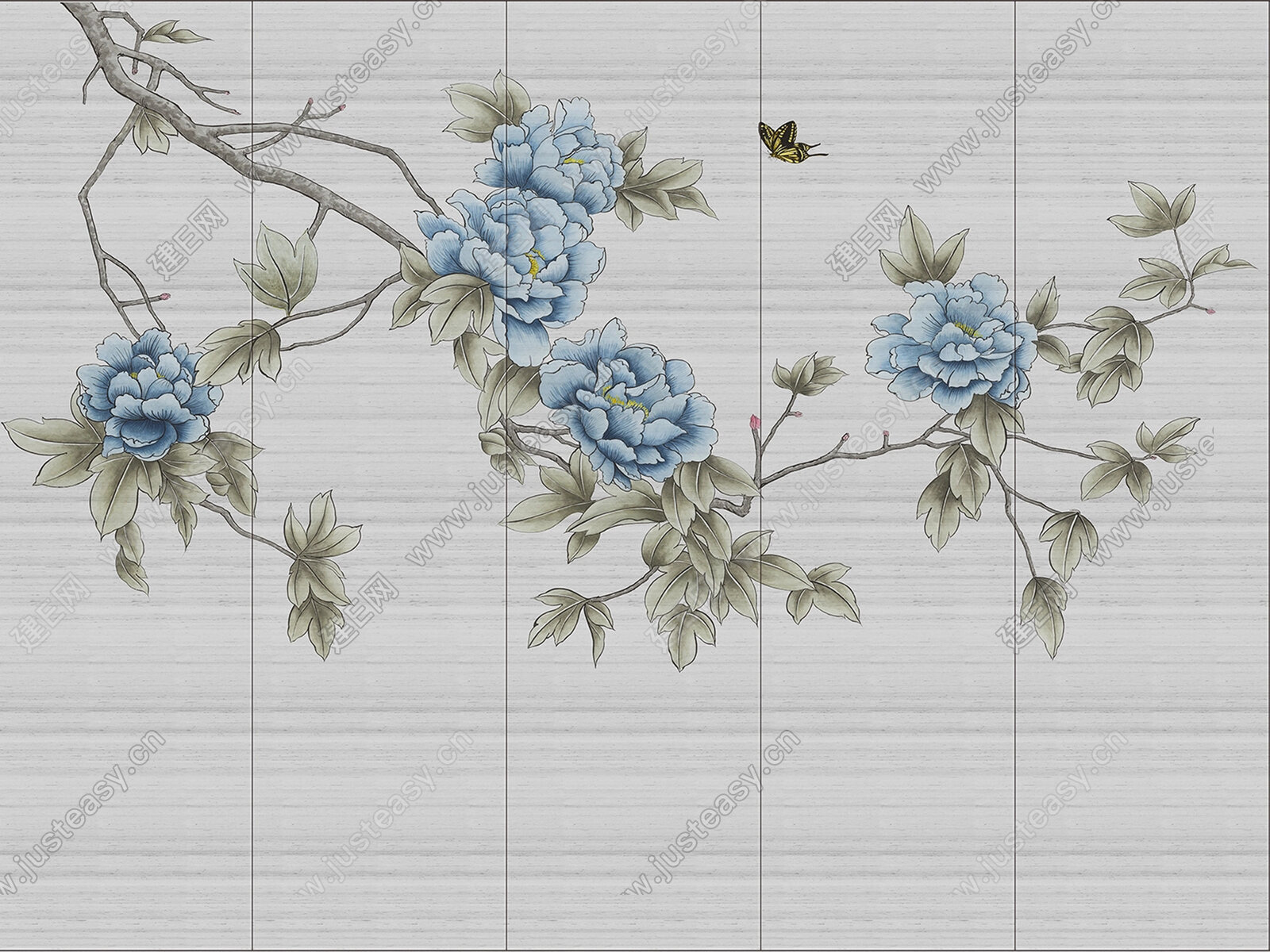 新中式牡丹背景墙3d贴图下载[ID:103895814]_建E室内设计网