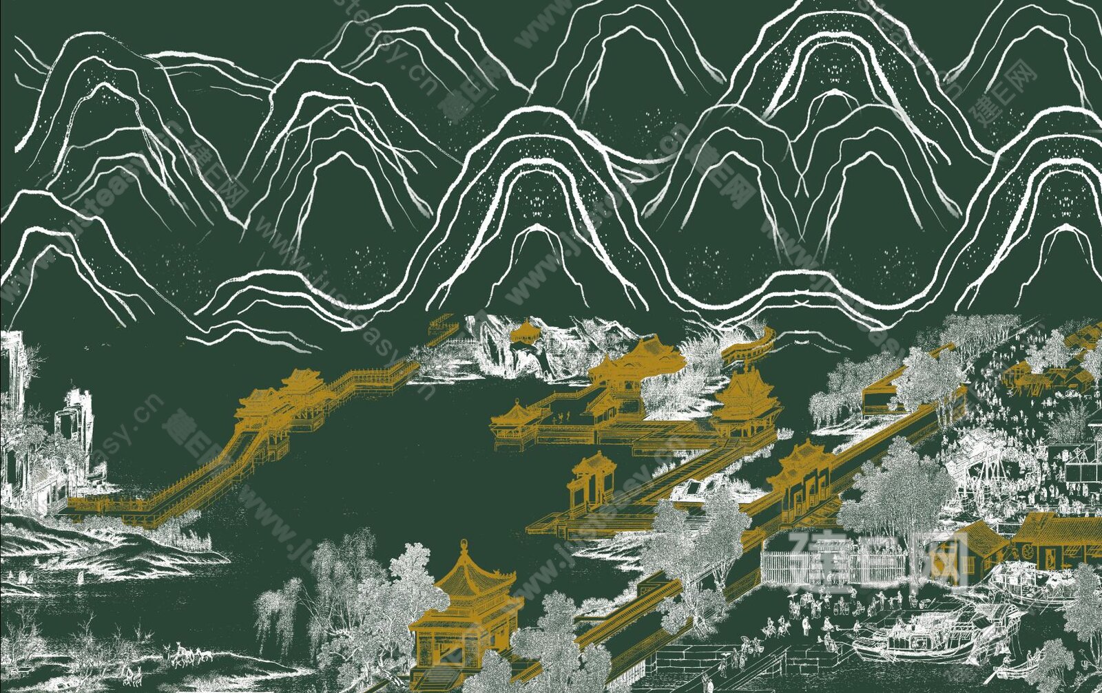 新中式山水背景墙3d贴图下载[ID:116872065]_建e贴图