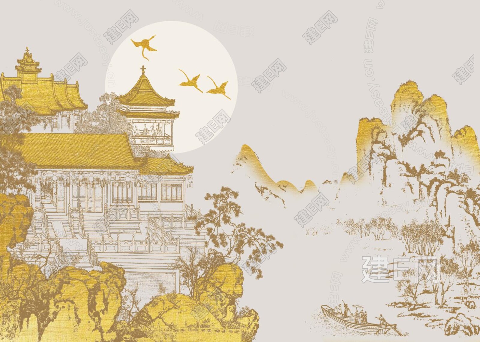 新中式山水背景墙3d贴图下载[ID:116872145]_建E室内设计网