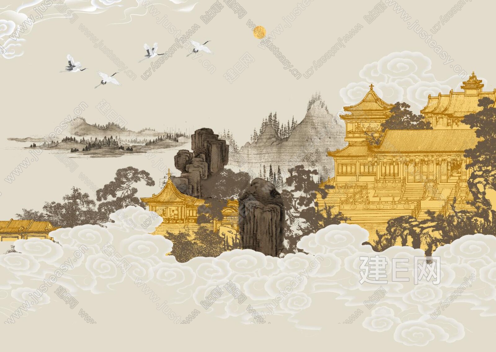 新中式山水背景墙3d贴图下载[ID:116872129]_建E室内设计网