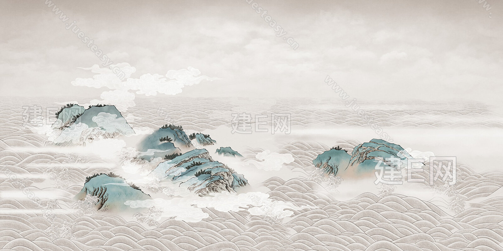 新中式 山水祥云山丘背景墙3d贴图下载[ID:105206974]_建E室内设计网