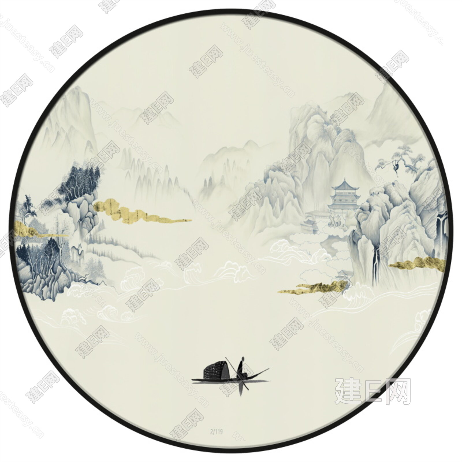 圆形水墨山水装饰画3d贴图下载[ID:102062055]_建E室内设计网