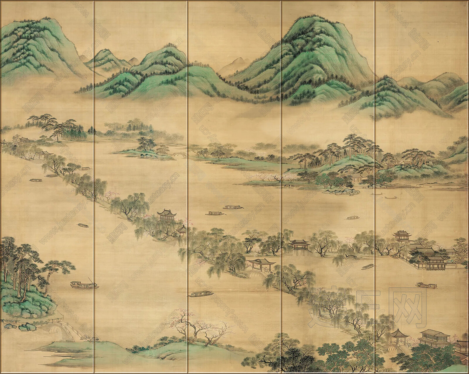 新中式山水艺术硬包背景墙3d贴图下载[ID:112612894]_建e贴图