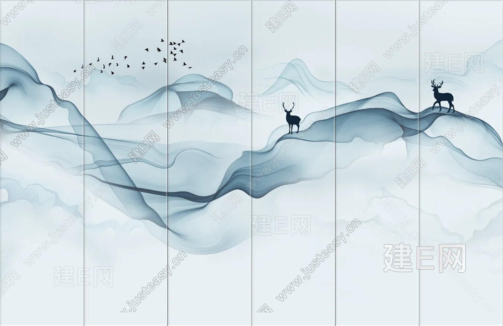 新中式山水艺术硬包背景墙3d贴图下载[ID:112613041]_建e贴图