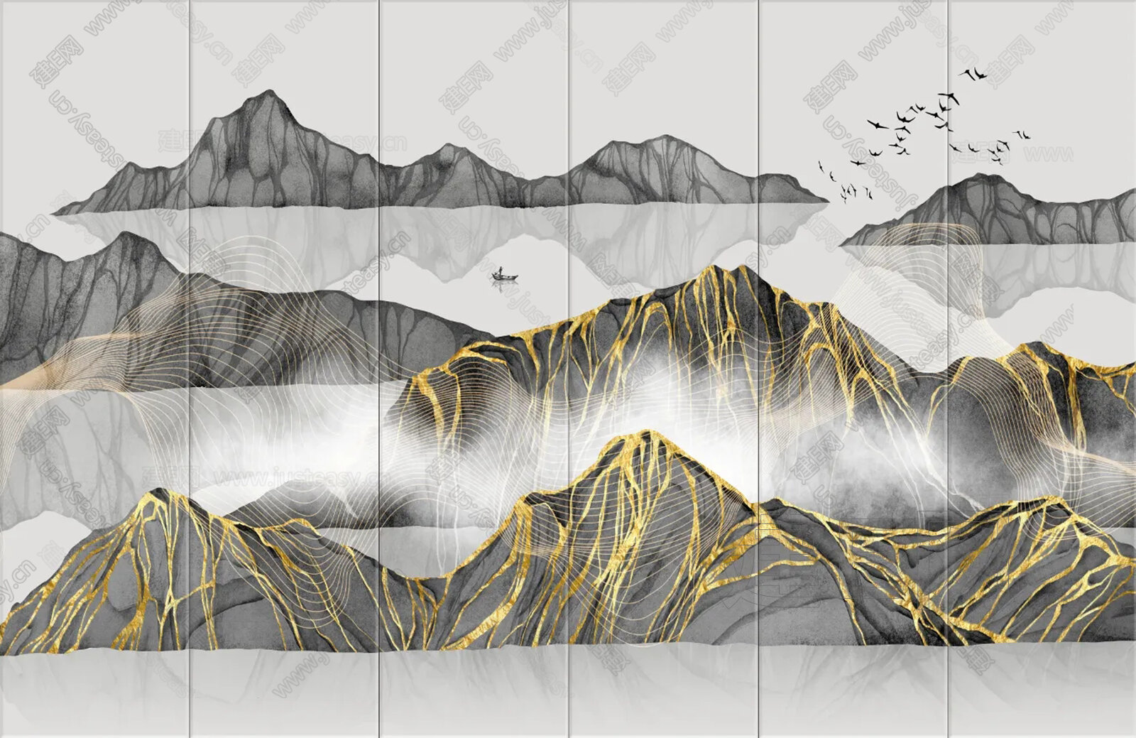 新中式山水艺术硬包背景墙3d贴图下载[ID:112613105]_建e贴图