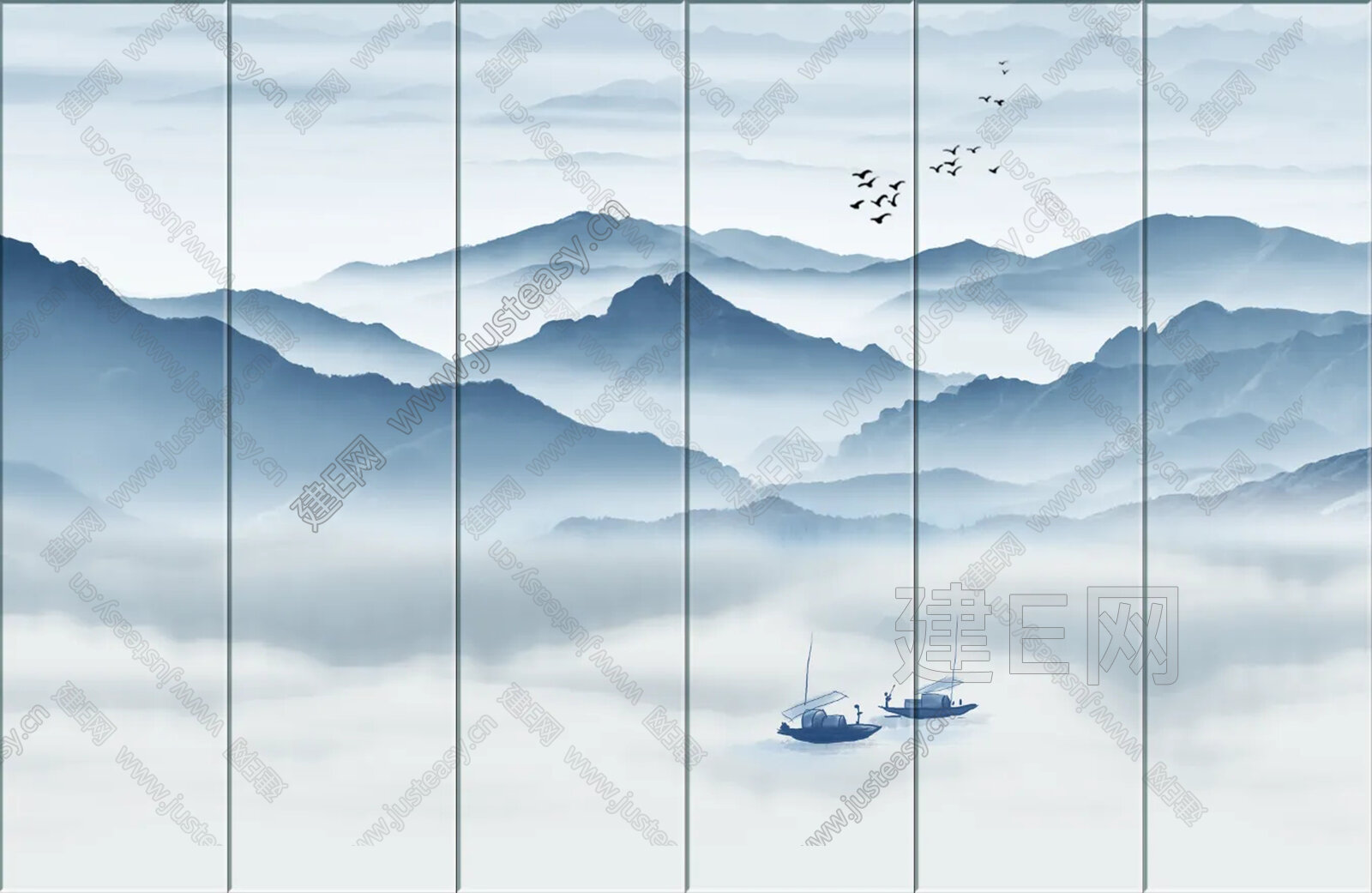 新中式山水艺术硬包背景墙3d贴图下载[ID:112613089]_建e贴图