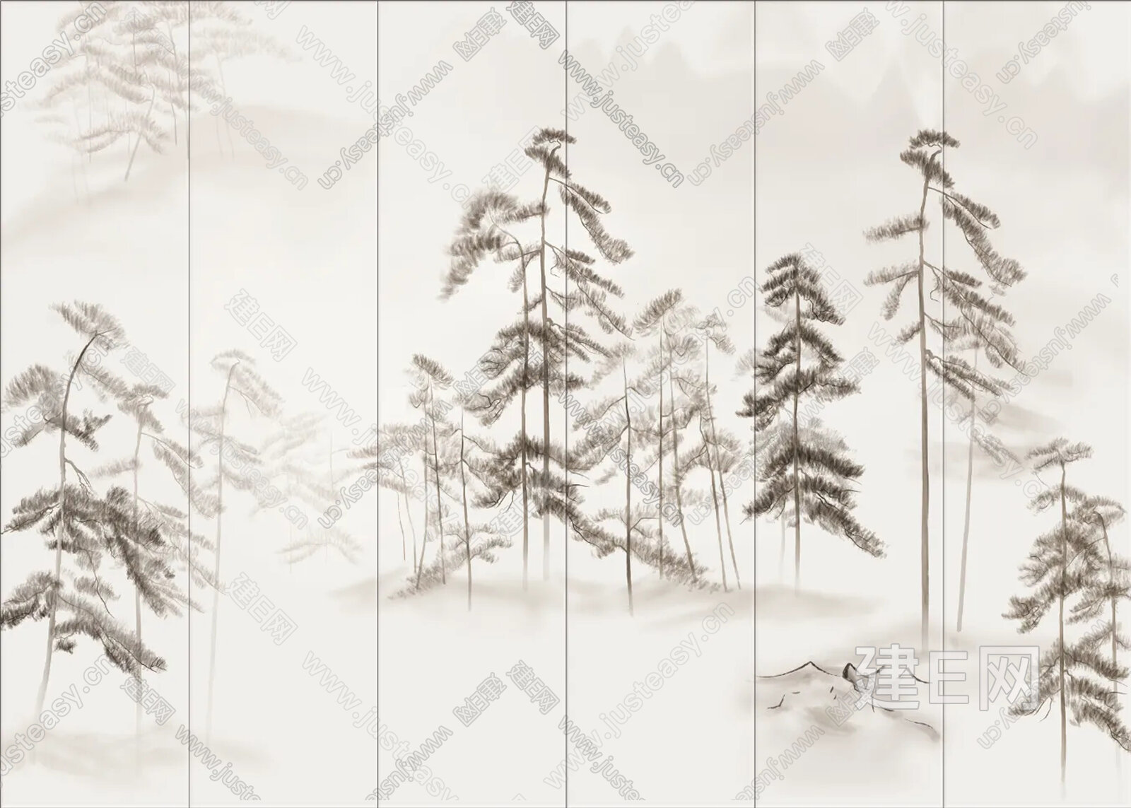 新中式松树山水艺术硬包背景墙3d贴图下载[ID:112613104]_建e贴图