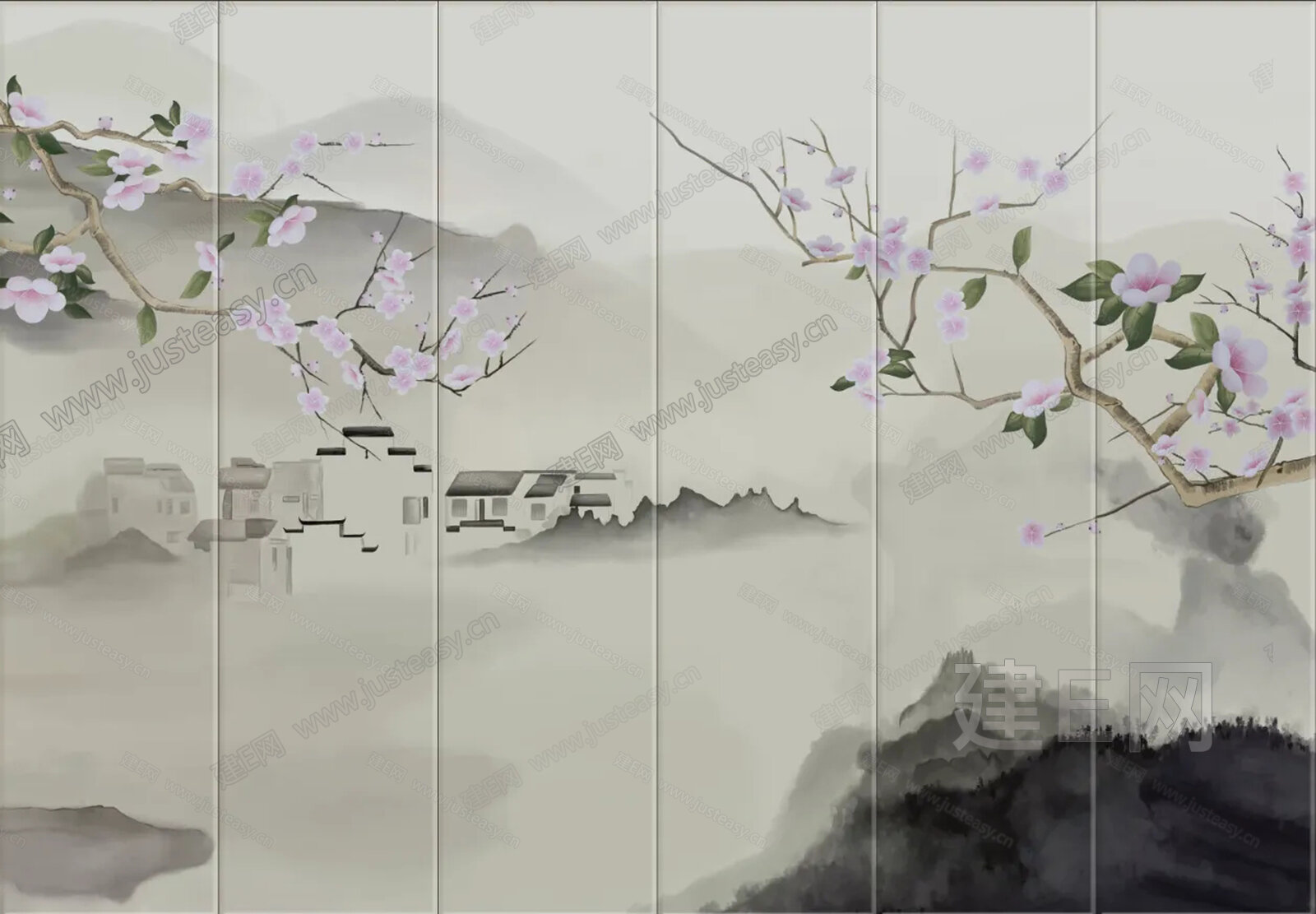 新中式山水艺术硬包背景墙3d贴图下载[ID:112612928]_建e贴图
