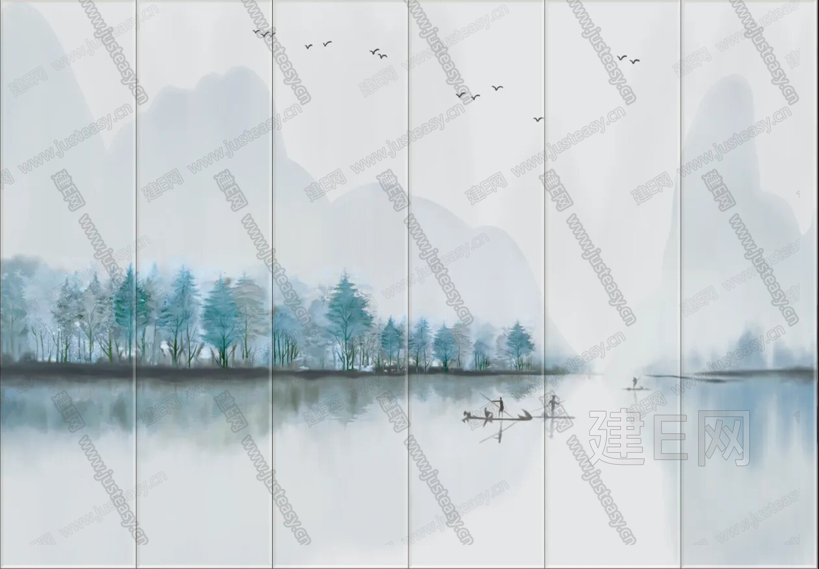 新中式山水艺术硬包背景墙3d贴图下载[ID:112613107]_建e贴图