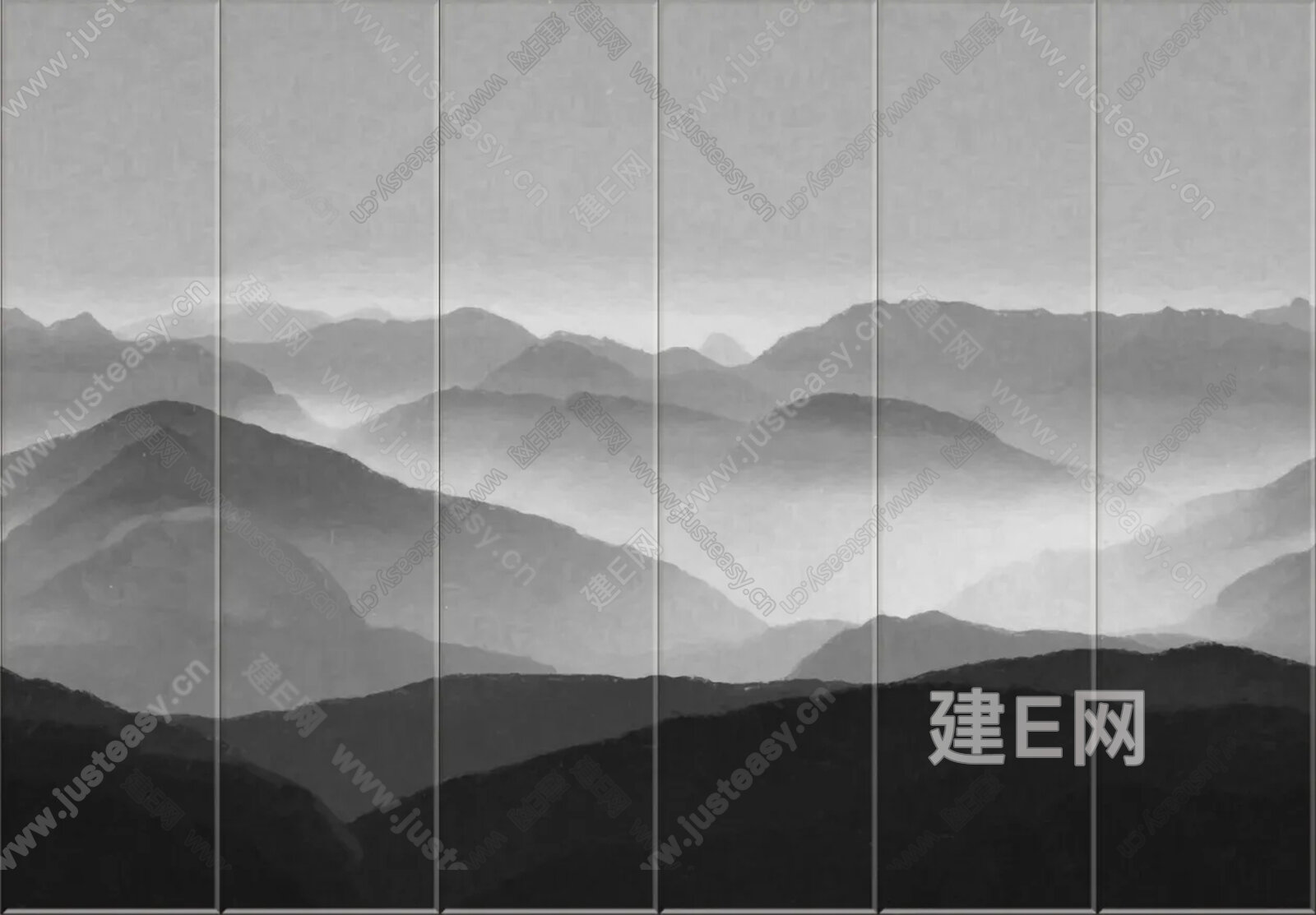 新中式山水艺术硬包背景墙3d贴图下载[ID:112613075]_建e贴图