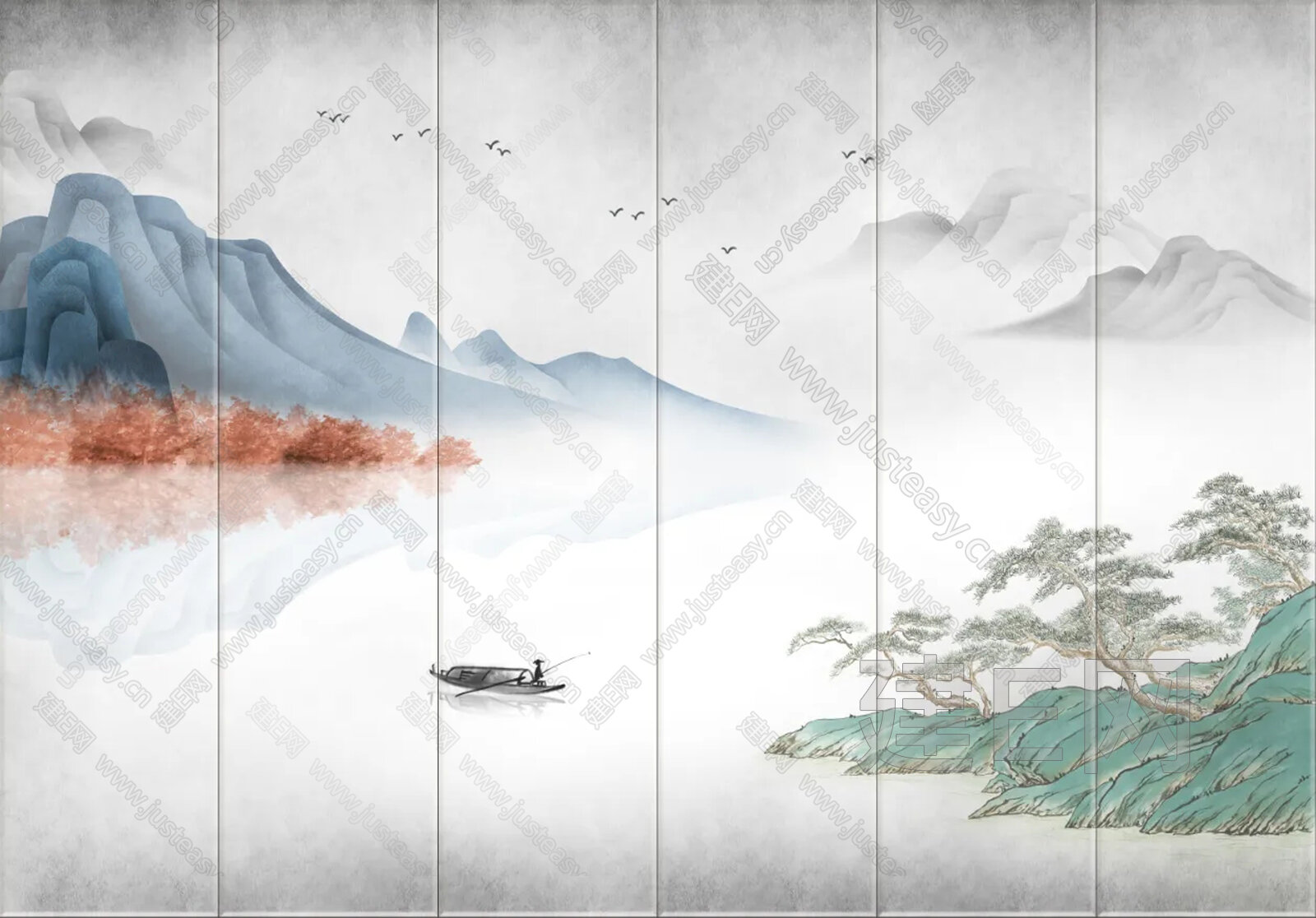 新中式山水艺术硬包背景墙3d贴图下载[ID:112613059]_建e贴图