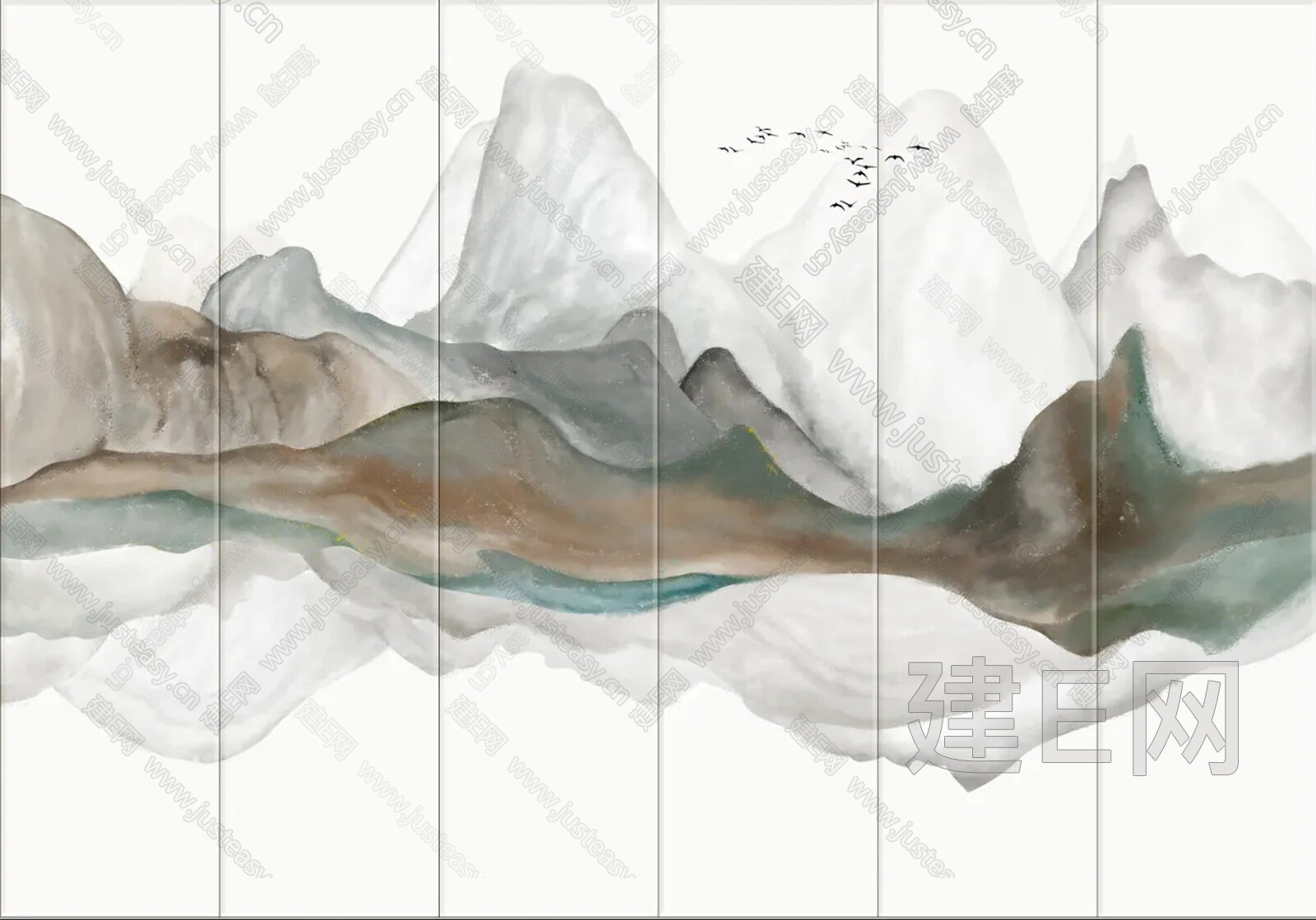 新中式抽象山水艺术硬包背景墙3d贴图下载[ID:112612867]_建e贴图