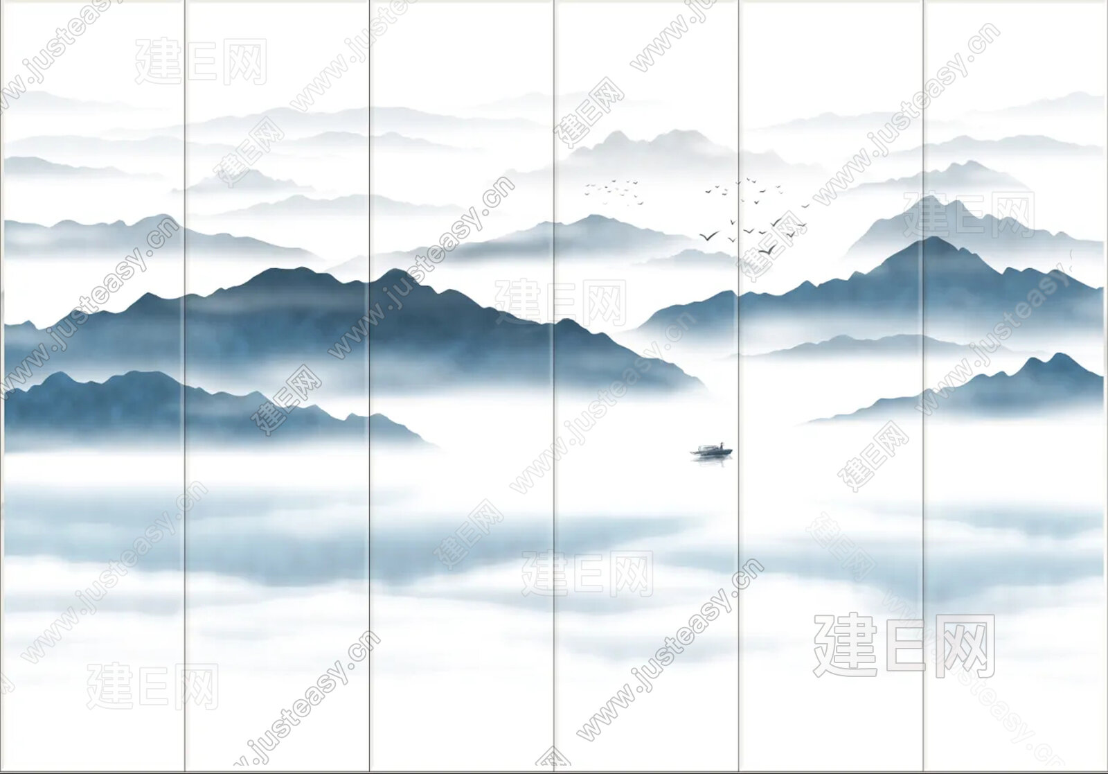 新中式山水艺术硬包背景墙3d贴图下载[ID:112612963]_建e贴图