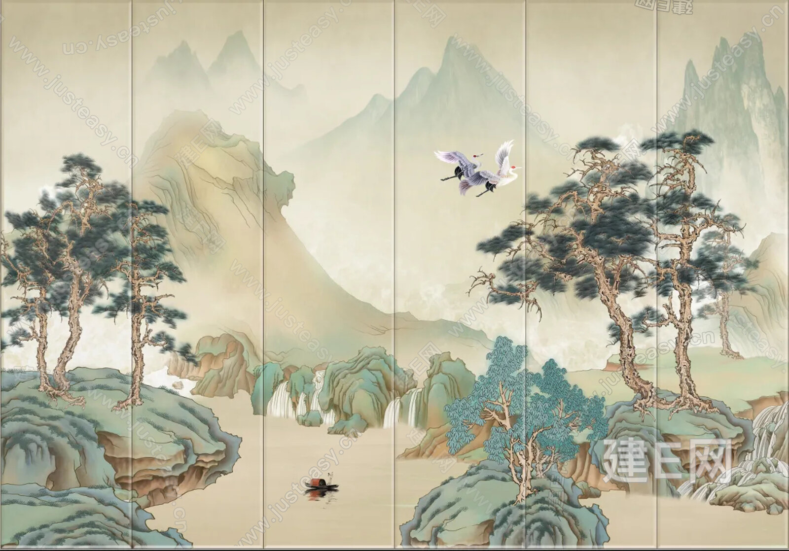 新中式山水艺术硬包背景墙3d贴图下载[ID:112613042]_建e贴图