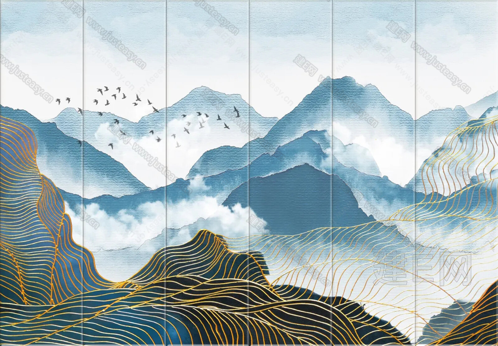 新中式抽象山水艺术硬包背景墙3d贴图下载[ID:112613026]_建e贴图