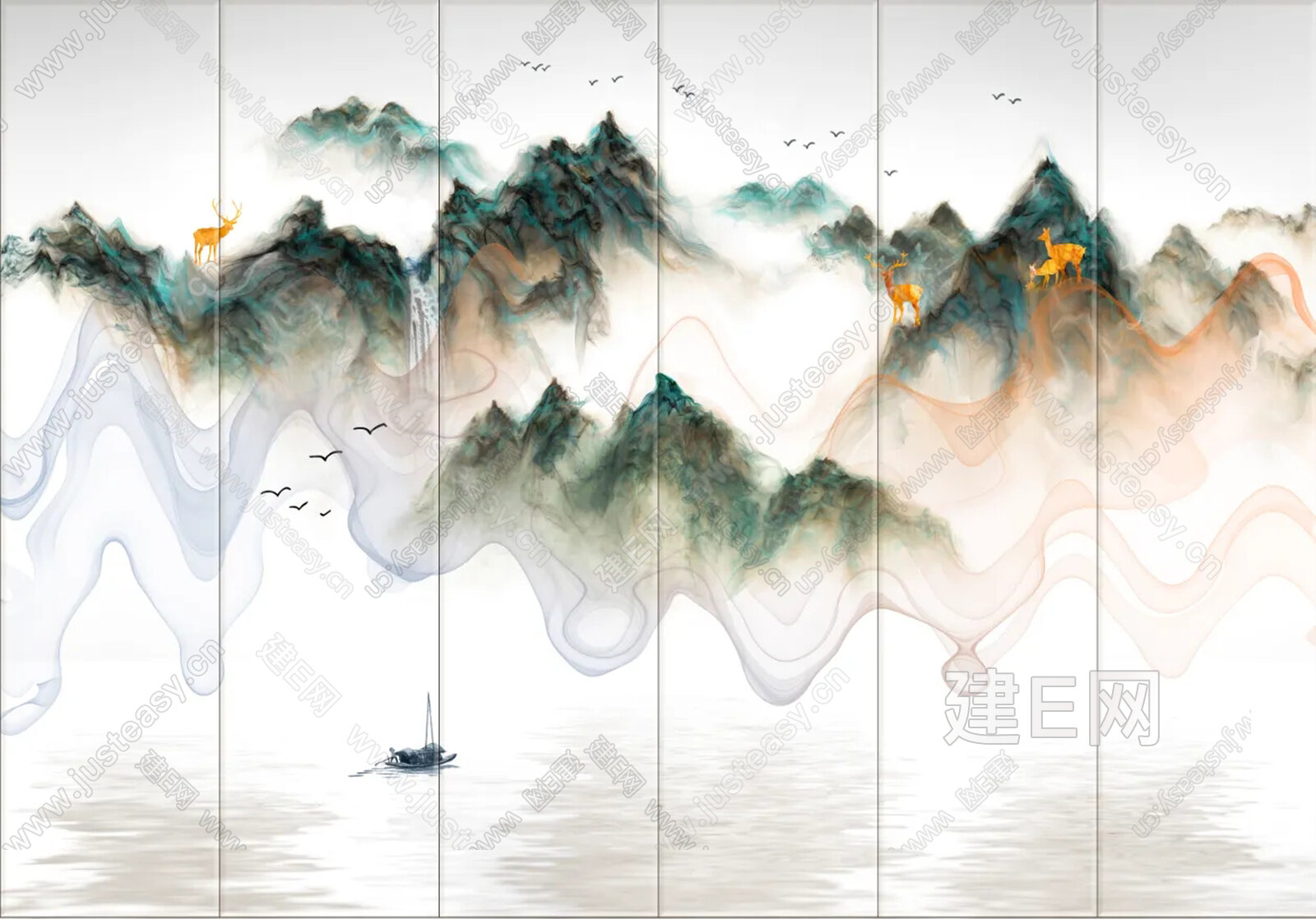 新中式抽象山水艺术硬包背景墙3d贴图下载[ID:112612994]_建e贴图