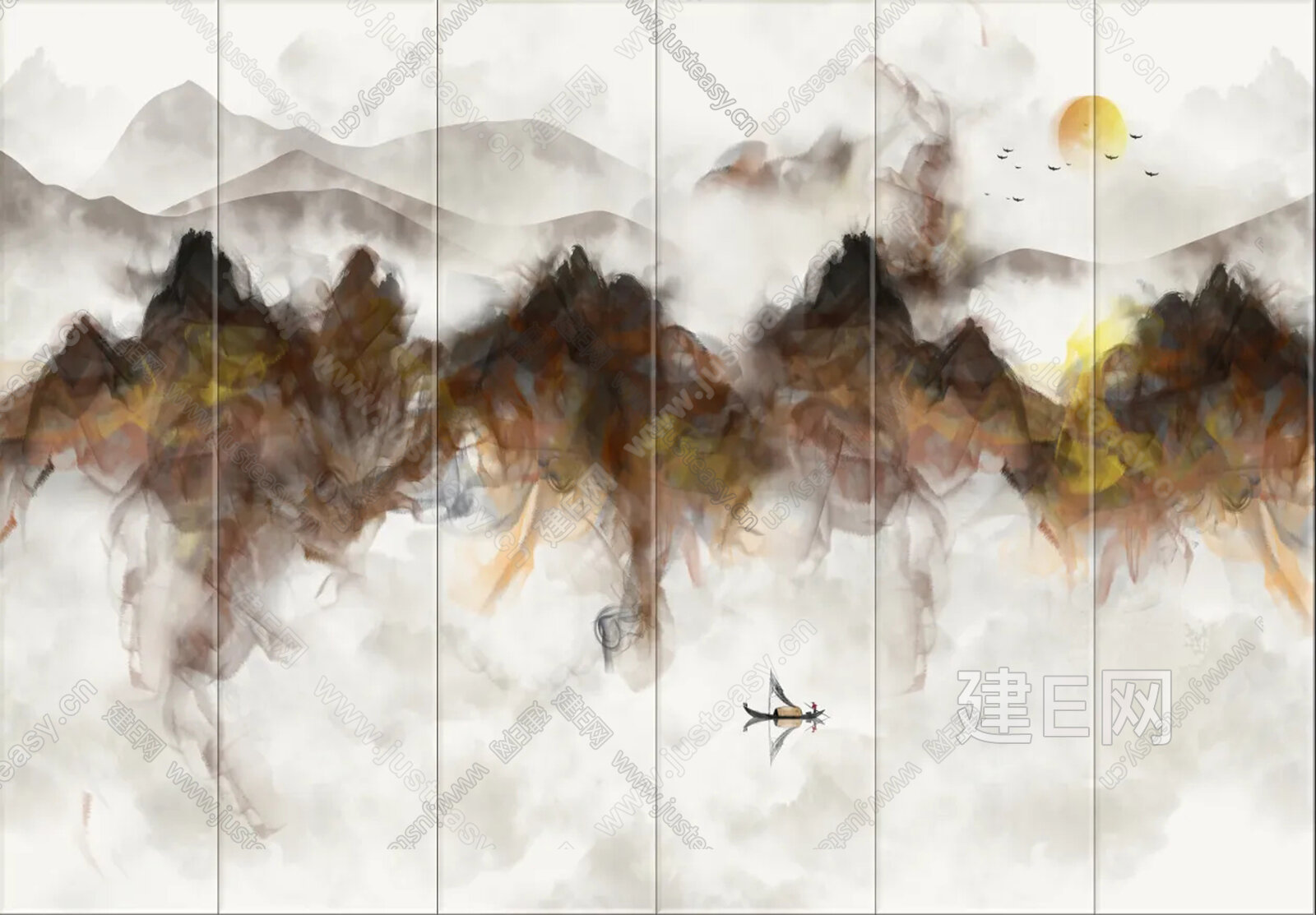 新中式抽象山水艺术硬包背景墙3d贴图下载[ID:112613058]_建e贴图
