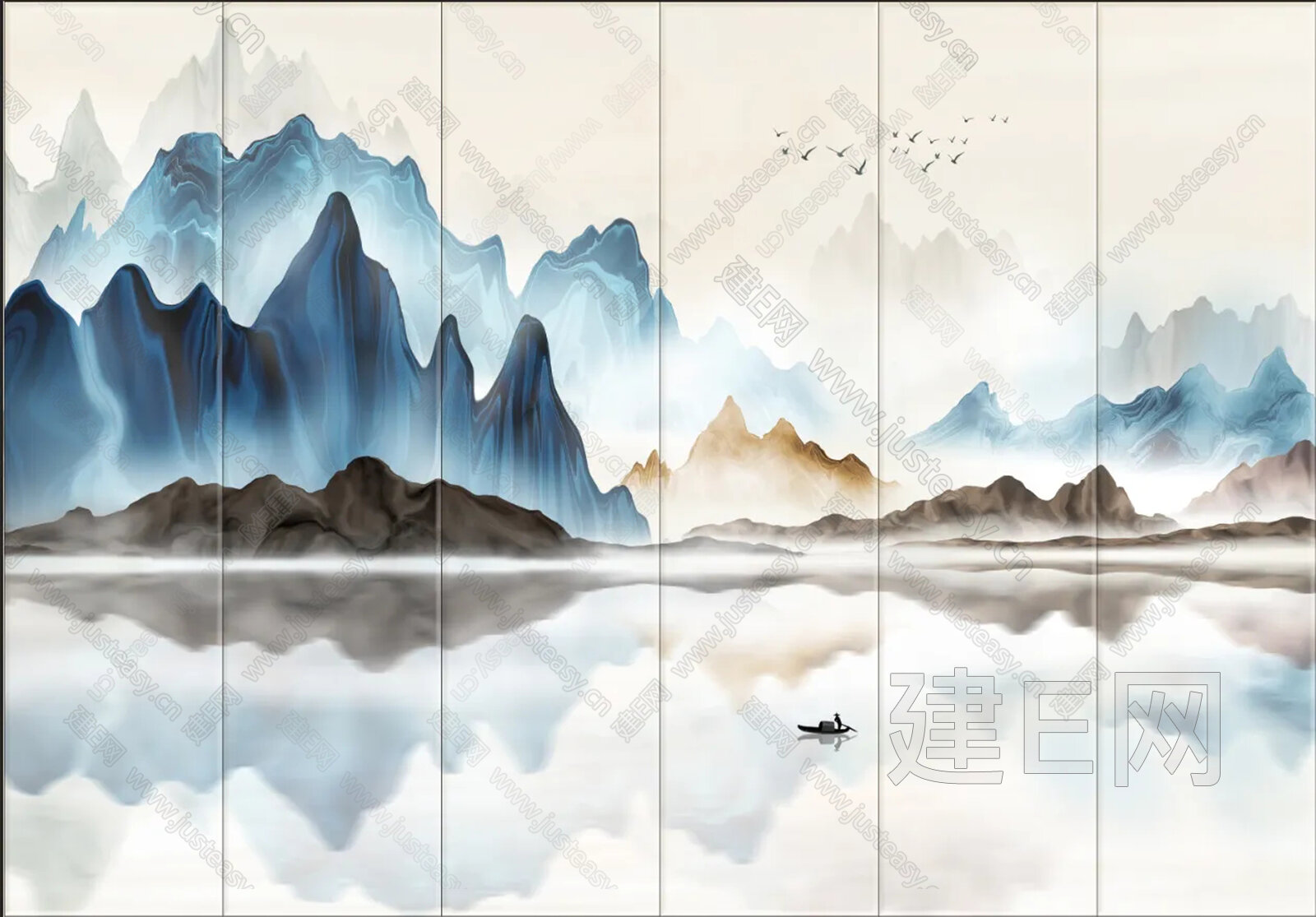 新中式抽象山水艺术硬包背景墙3d贴图下载[ID:112612898]_建e贴图