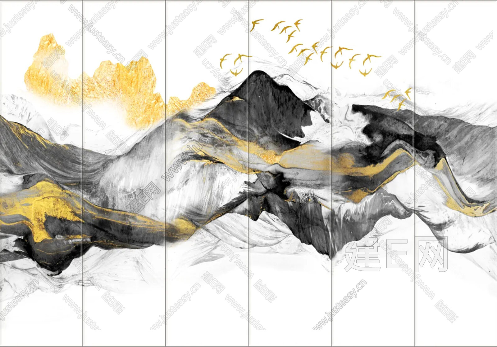 新中式抽象山水艺术硬包背景墙3d贴图下载[ID:112612866]_建e贴图