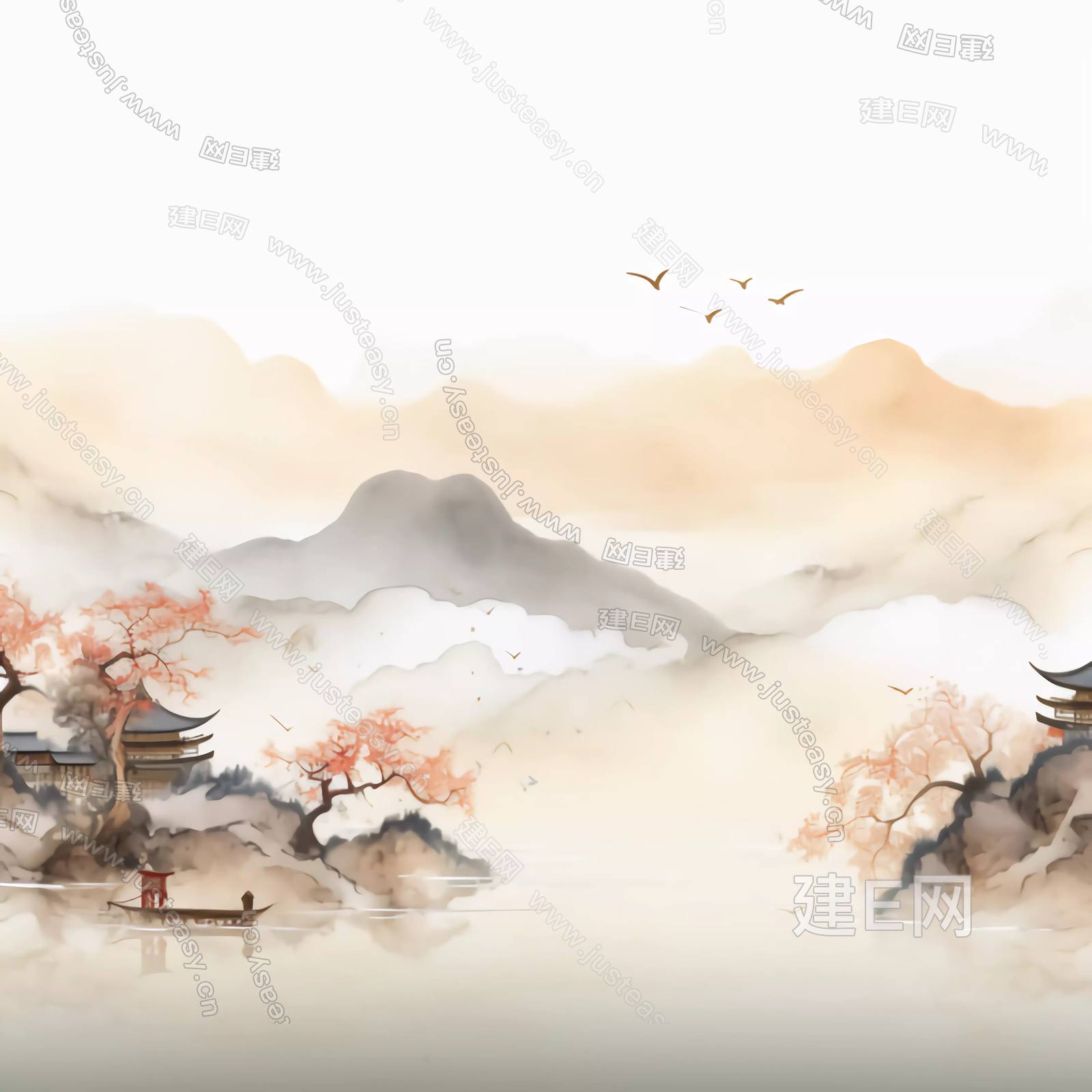 新中式古风水墨山水装饰画3d贴图下载[ID:103569644]_建e贴图