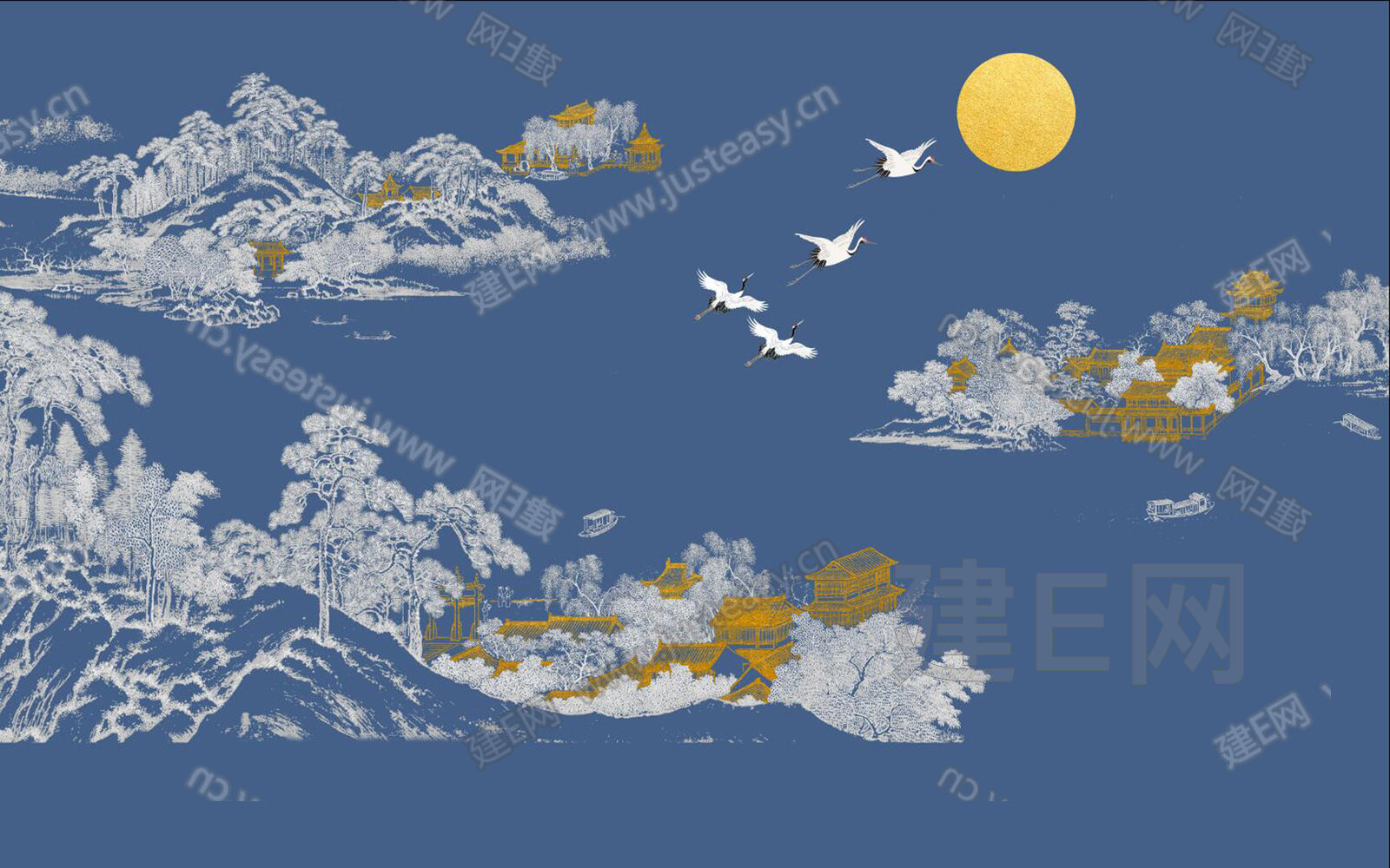 新中式手绘山水阁楼古建筑背景墙3d贴图下载[ID:113399817]_建e贴图