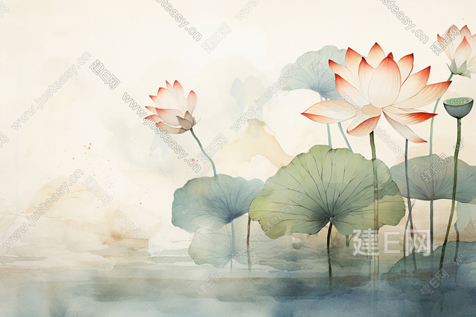 中式荷花壁纸3d贴图下载[ID:109861970]_建e贴图