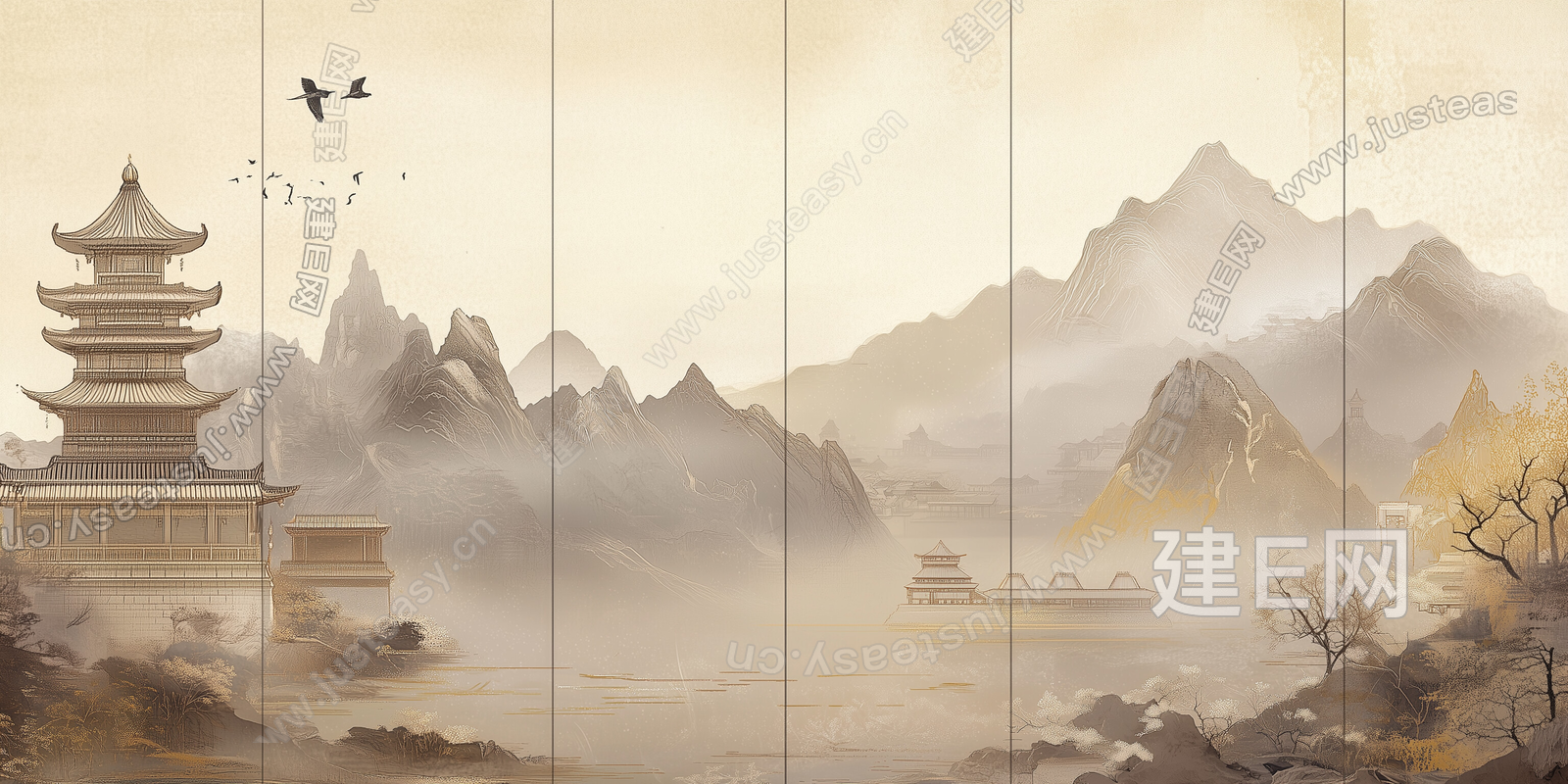 新中式禅意山水中式建筑壁画硬包背景3d贴图下载[ID:109141772]_建e贴图