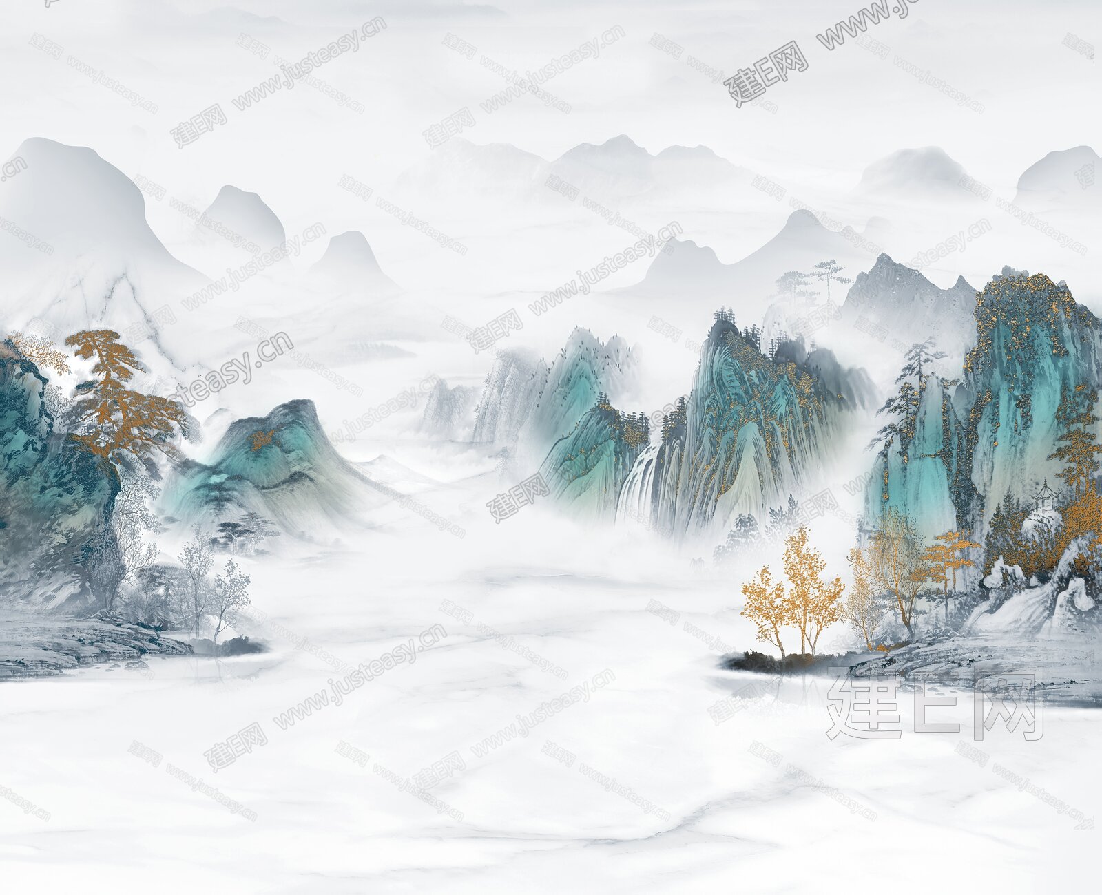 新中式壁画背景墙3d贴图下载[ID:107568664]_建e贴图