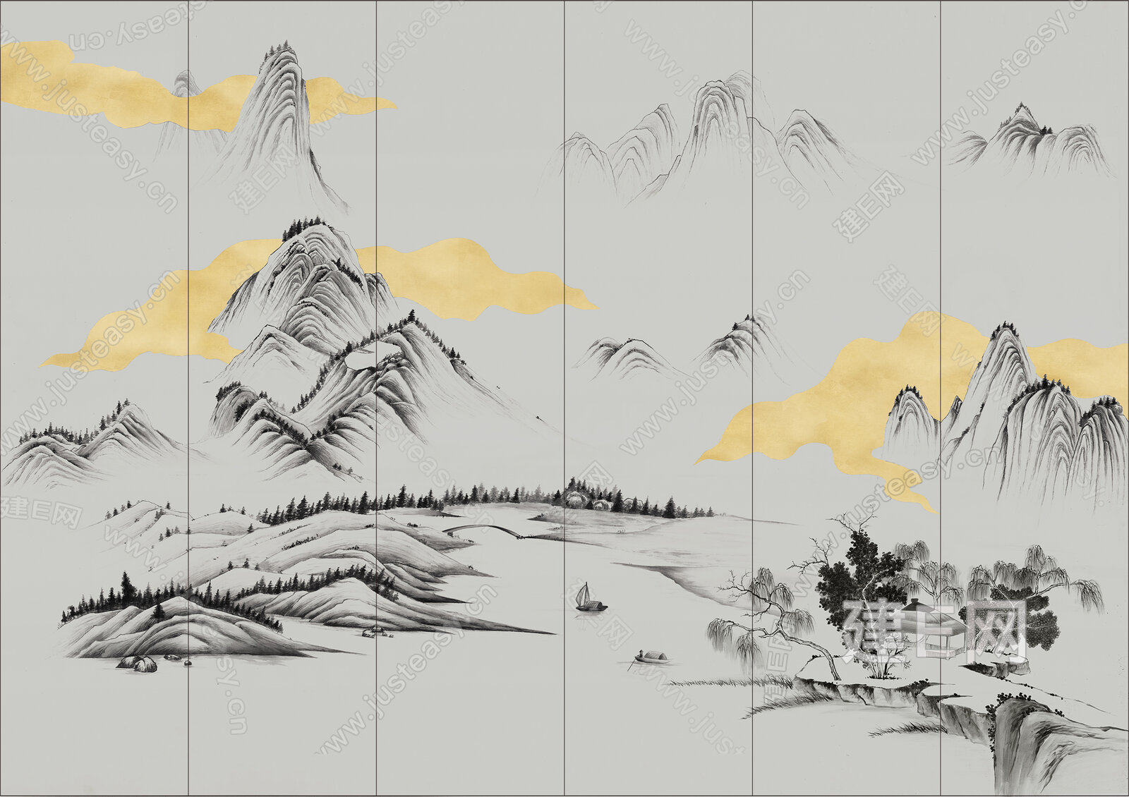 中式山水硬包3d贴图下载[ID:102063705]_建e贴图