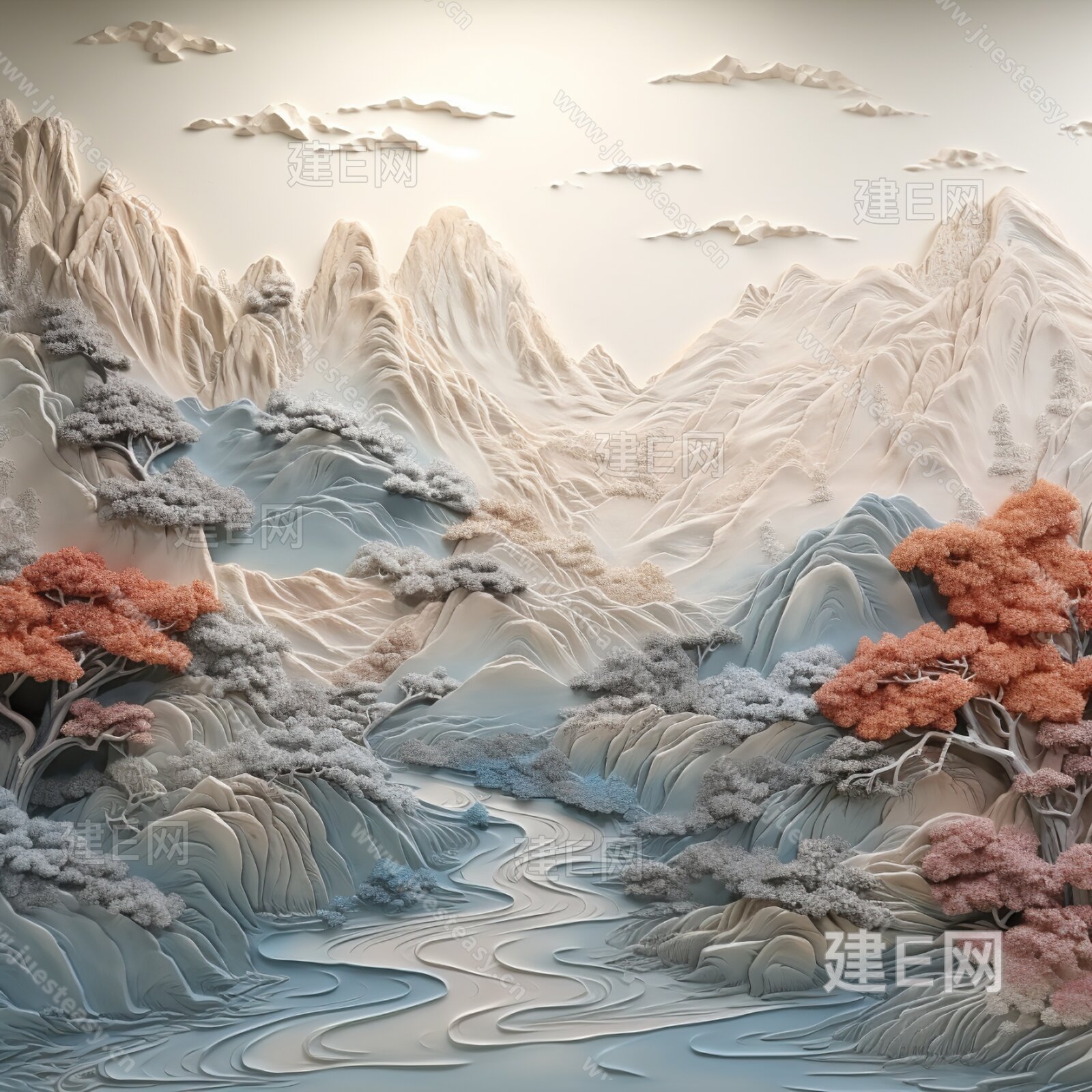 山水浮雕装饰画风景浮雕背景墙新中式装饰画3d贴图下载[ID:103833173]_建e贴图