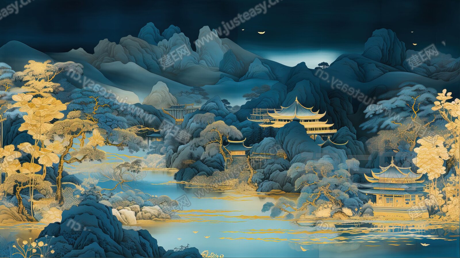 新中式山水国风壁纸背景墙3d贴图下载[ID:116743718]_建e贴图