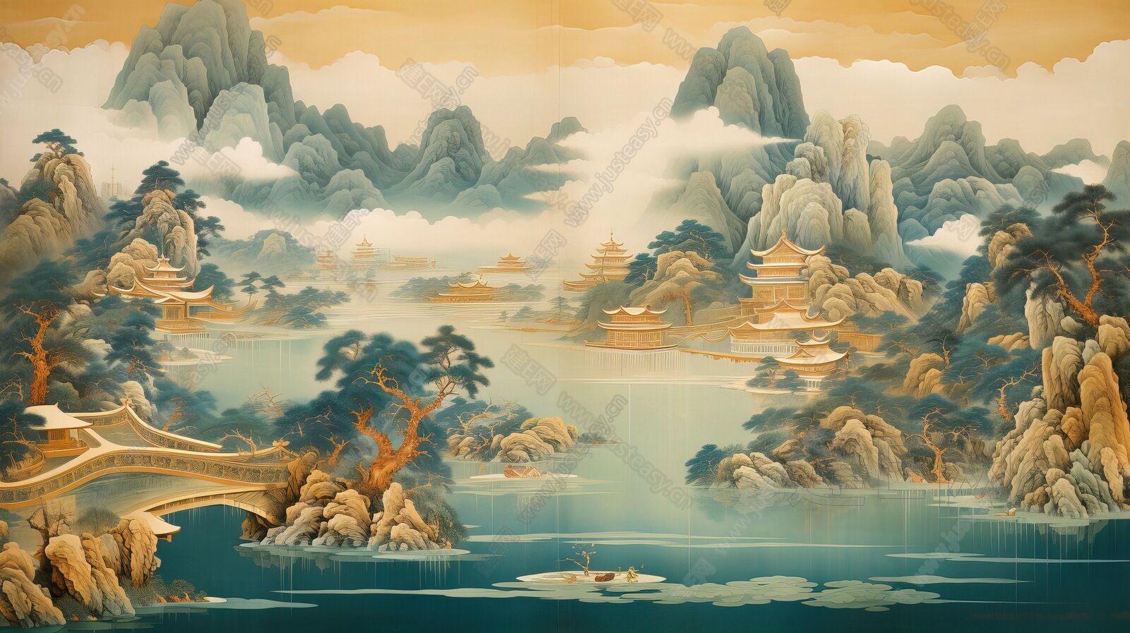 新中式山水国风壁纸背景墙3d贴图下载[ID:116678360]_建e贴图