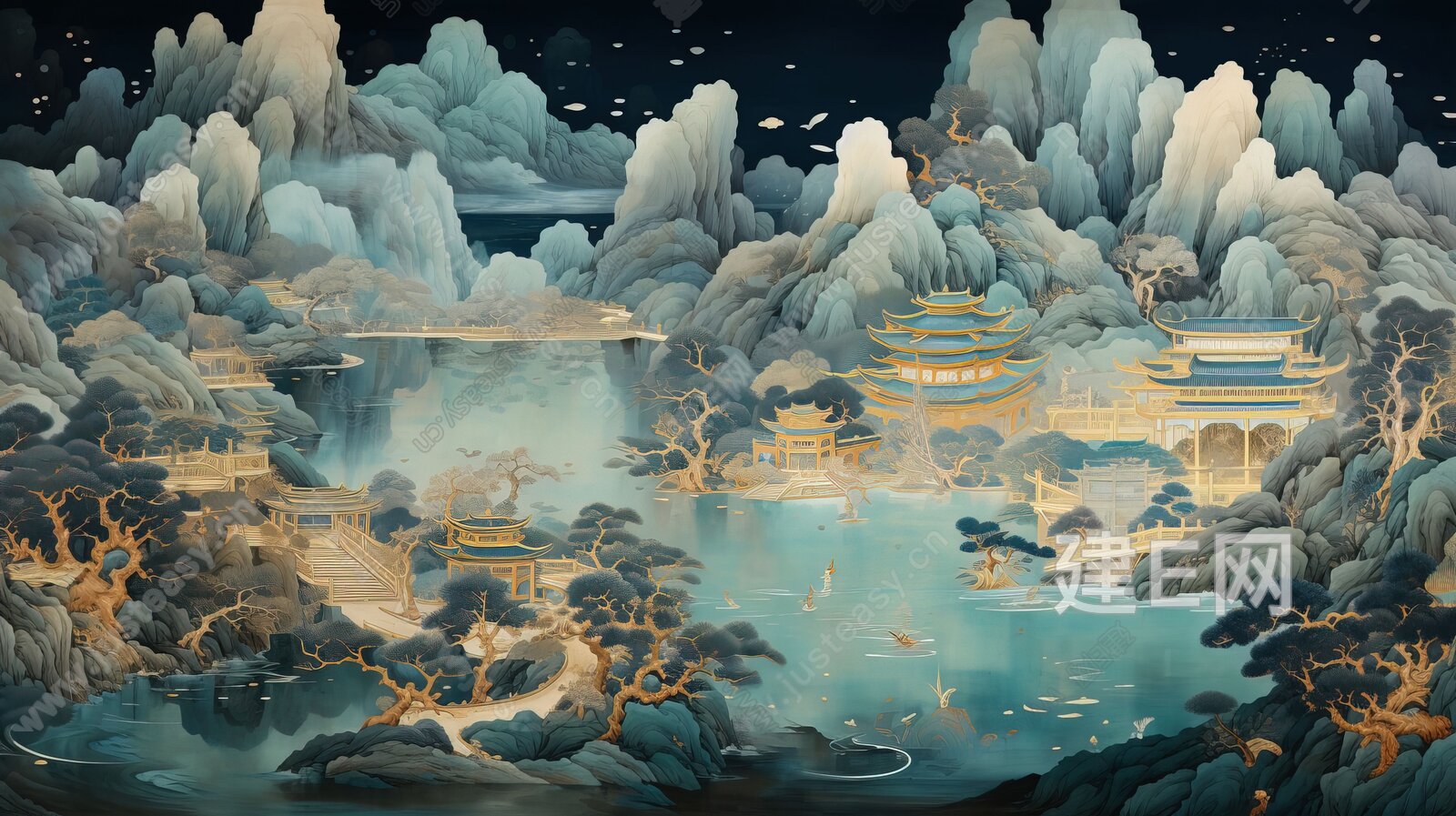 新中式山水国风壁纸背景墙3d贴图下载[ID:116678184]_建e贴图