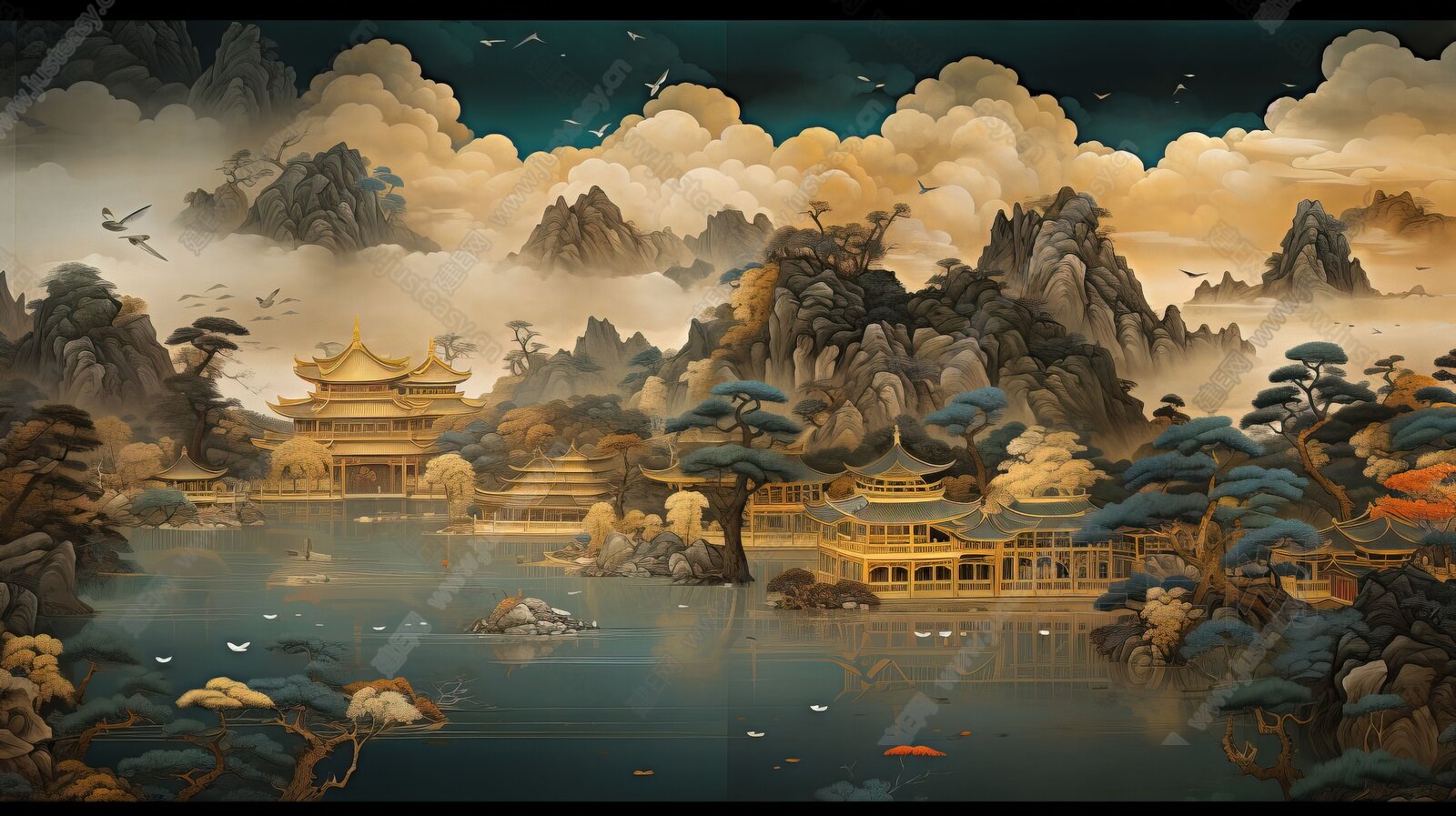 新中式山水国风壁纸背景墙3d贴图下载[ID:116678248]_建e贴图