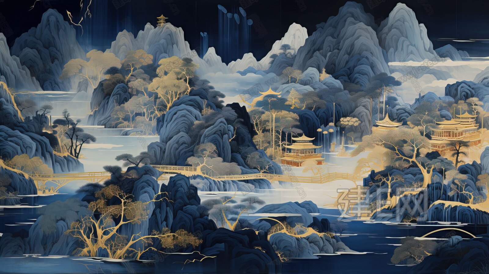 新中式山水国风壁纸背景墙3d贴图下载[ID:116678299]_建e贴图