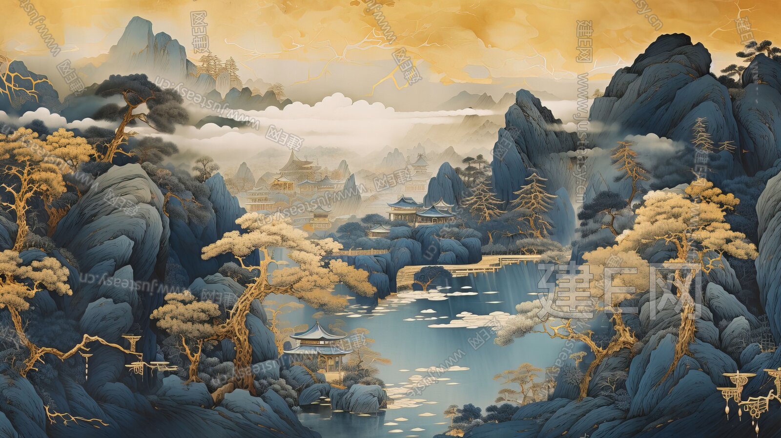 新中式山水国风壁纸背景墙3d贴图下载[ID:116678362]_建e贴图