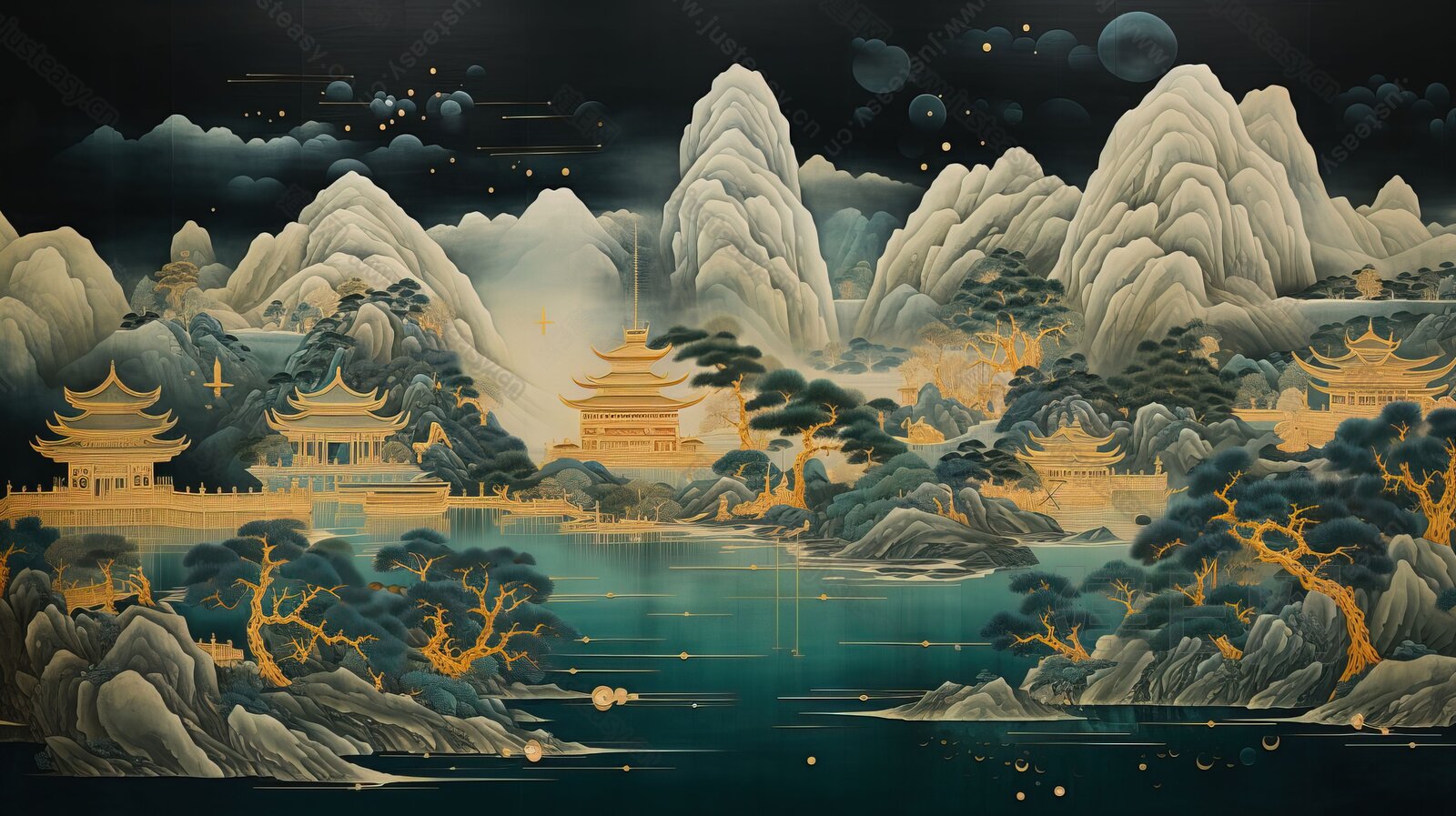 新中式山水国风壁纸背景墙3d贴图下载[ID:116678170]_建e贴图