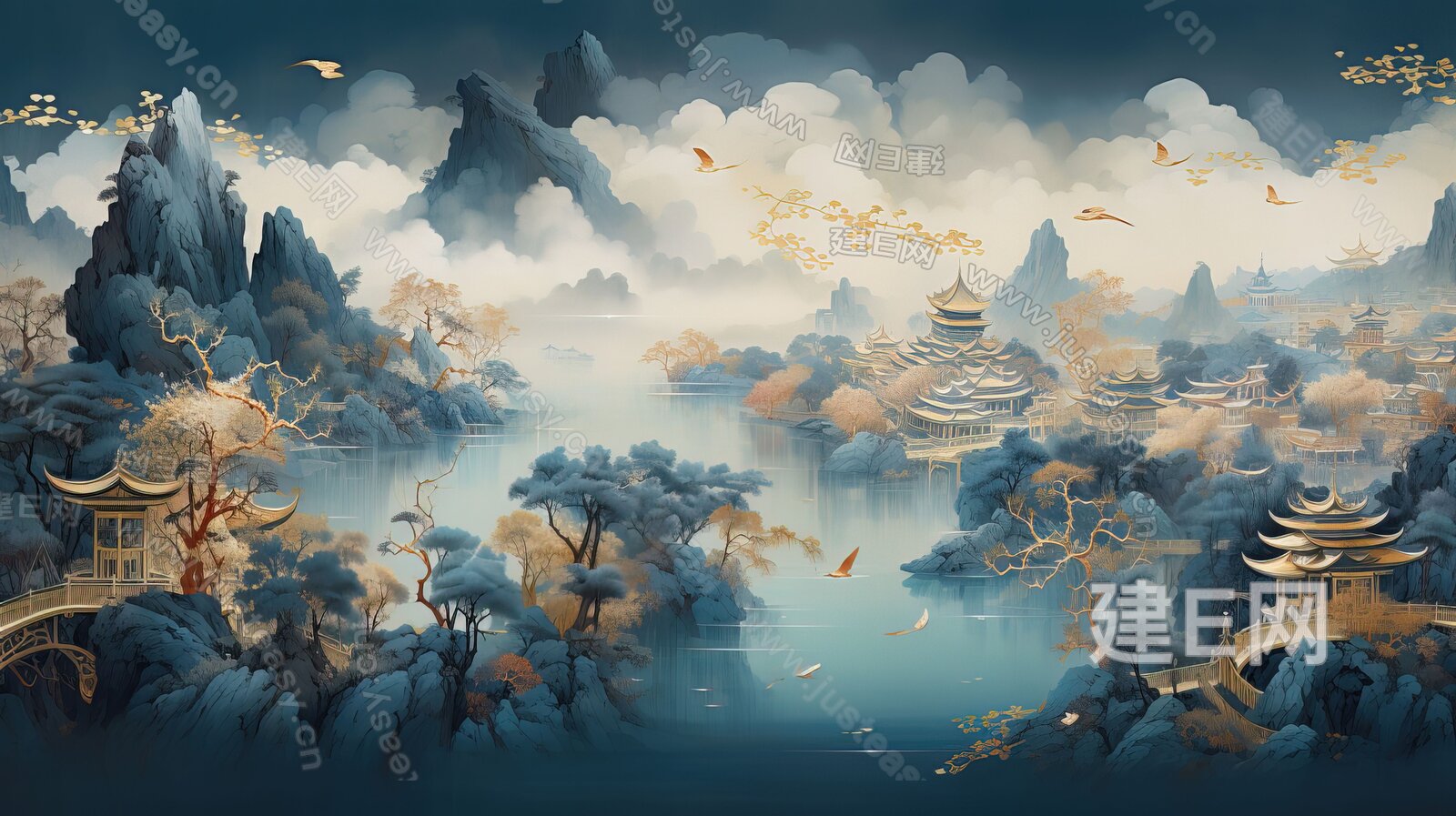 新中式山水国风壁纸背景墙3d贴图下载[ID:116678317]_建e贴图