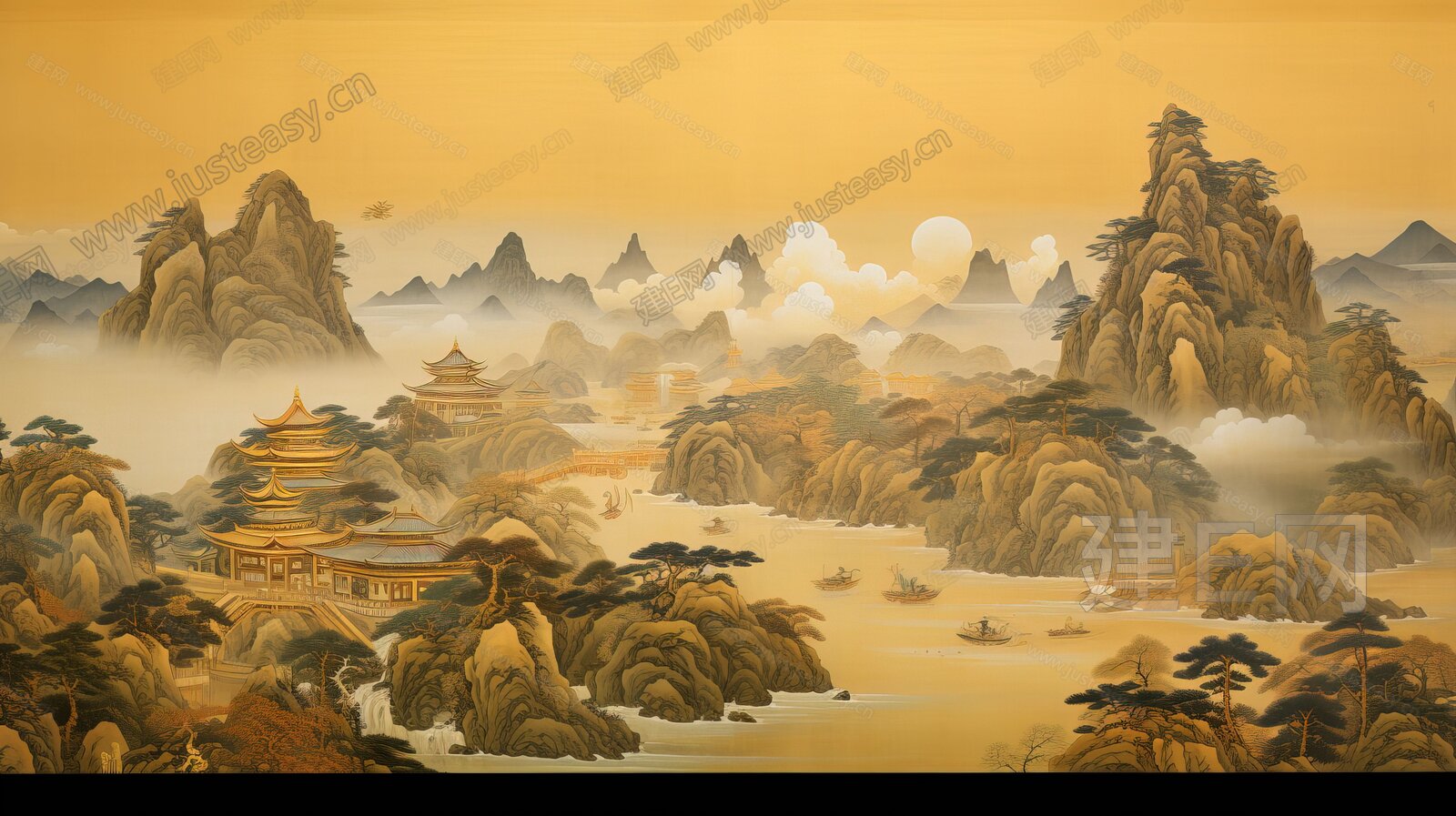 新中式山水国风壁纸背景墙3d贴图下载[ID:116678365]_建e贴图