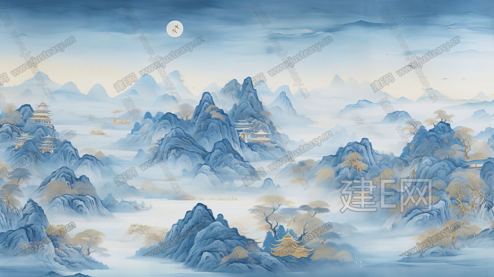 新中式山水国风壁纸背景墙3d贴图下载[ID:116678316]_建e贴图