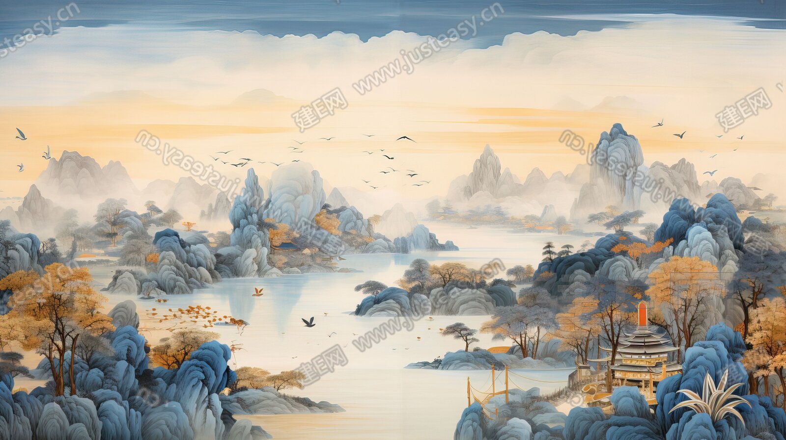新中式山水国风壁纸背景墙3d贴图下载[ID:117333738]_建e贴图