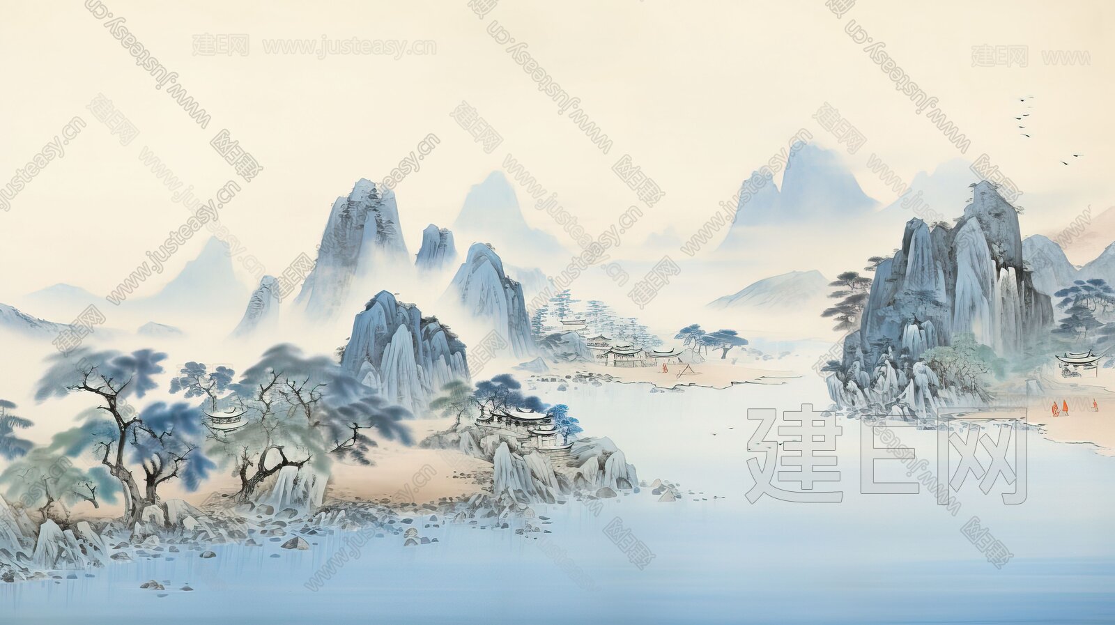 新中式山水国风壁纸背景墙3d贴图下载[ID:110845655]_建e贴图