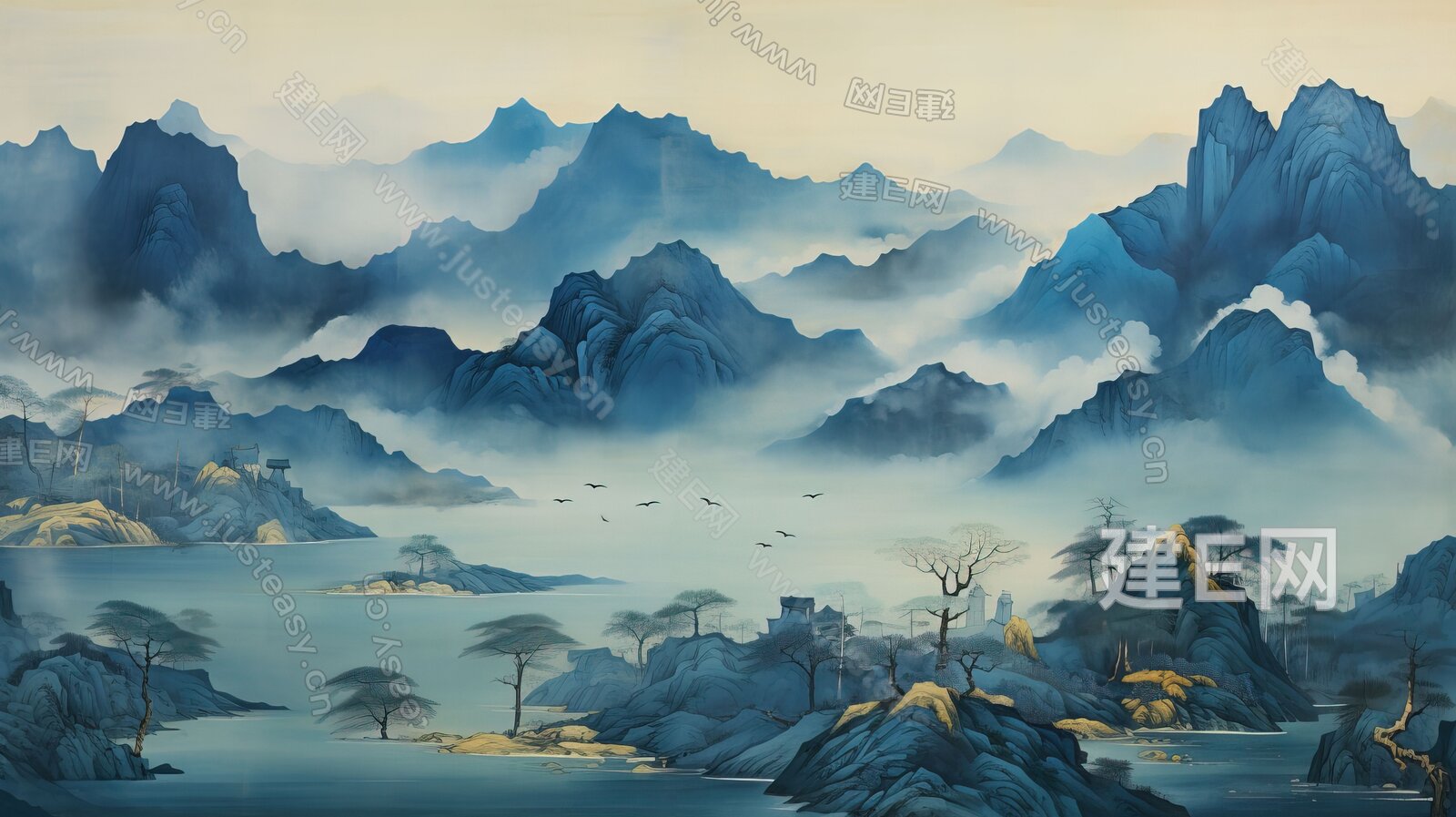 新中式山水国风壁纸背景墙3d贴图下载[ID:110845527]_建e贴图
